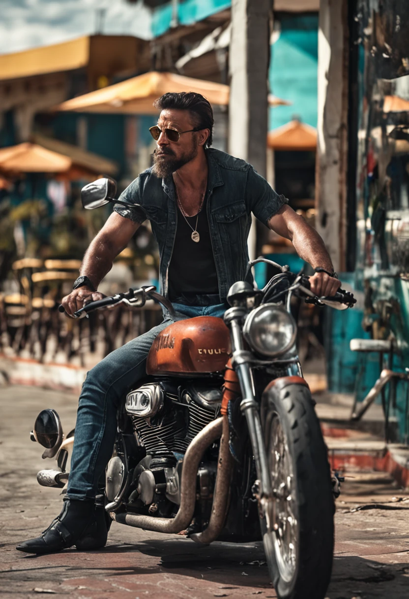 um homem ruivo careca porem de pele clara com uma barba ruiva muit forte que contorna o seu maxilar mas sem bigode so contornando o queixo. o visual dele e de motociclista, with a ripped jeans and black leather boot. The setting is inside a bar that has a single pool lit by pendant lamp on top of that pool and a small counter on the side of the bar and in the background a sign with the saying "New retro channel". He's ordering a pin up style beer from a waitress. Very realistic photo in high definition 4K HD