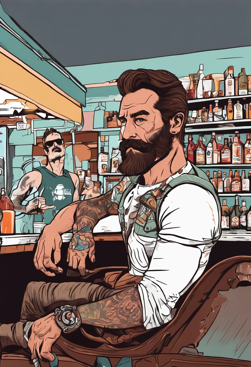 um homem ruivo careca porem de pele clara com uma barba ruiva muit forte que contorna o seu maxilar mas sem bigode so contornando o queixo. o visual dele e de motociclista, with a ripped jeans and black leather boot. The setting is inside a bar that has a single pool lit by pendant lamp on top of that pool and a small counter on the side of the bar and in the background a sign with the saying "New retro channel". He's ordering a pin up style beer from a waitress. Very realistic photo in high definition 4K HD