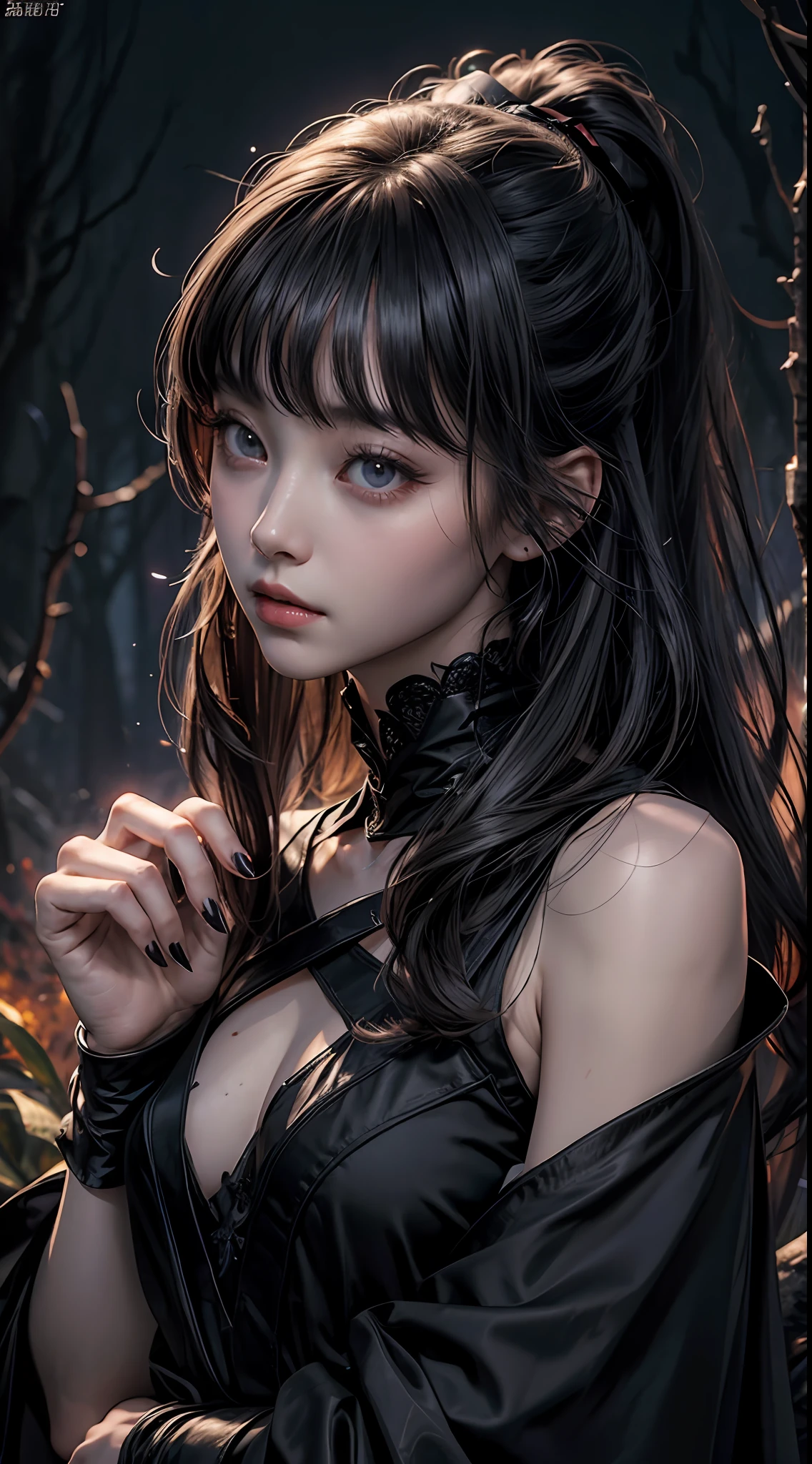 (8K, Raw photography, top-quality, ​masterpiece:1.2),  One Woman、Japan at the age of 18,fullllbody.{scinematic angle、Wide Angle、Don't split the screen、}（Realistic Skins 1.4）、（（（Dracula、Black hood、Black cloak、Goth loli costume、Do not show the skin、）））、（（（In the dark forest、Pitch black night、Deep fog）））（（Red Eyes、Black and long nails））、50mm Lens、30mm film、wide angles、（long、straight haired、）、（A dark-haired、The forehead is hidden by bangs、）、Black eyes、shinny skin.Beautiful delicate face、Beautiful delicate eyes、｛tiny chest、small tits、muscular body、｝、