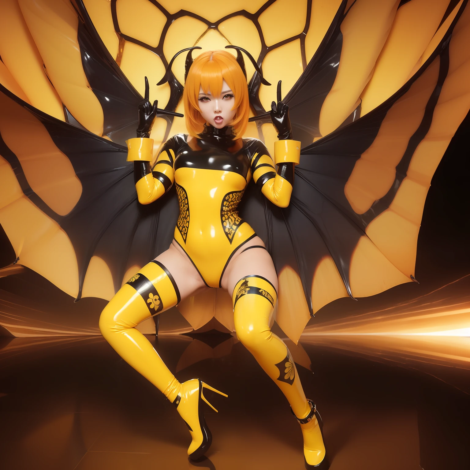 masutepiece,A hyper-realistic,32K,the Extremely Detailed CG Unity 8K Wallpapers, Best Quality,girl with,((Solo)),(Black and yellow latex shiny skin,Orange Wave Hair,Open mouth,Devil makeup,Bee wings,Latex Gloves,Hexagonal Pattern Latex Boots,Full body,In the paddy field