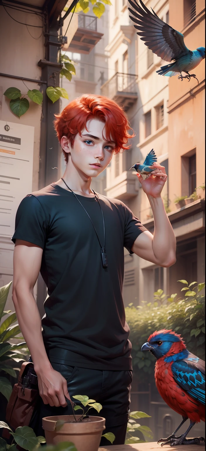 Boy with Bird futuristic background realistic face Bule eye, red hair, ultra high quality HD