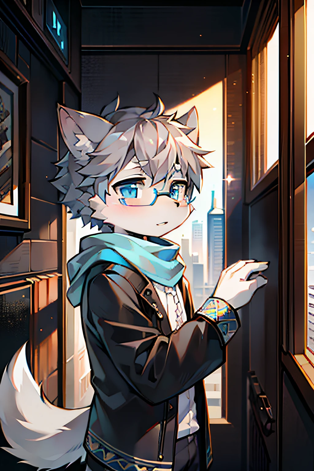 Highest quality, delicate painting style, delicate hook line, masterpiece, delicate skin, delicate hair, complete painting, masterpiece, delicate hands, delicate eyes, normal eyes, gray wolf ears, furry, black frame round glasses, blue eyes, handsome, ((white scarf)), wolf style, Shota, cyberpunk, blue pupils, gray crystal wings, mottled light and shadow, boy, bright eyes of God, gray fur, normal face, big tail, one tail，