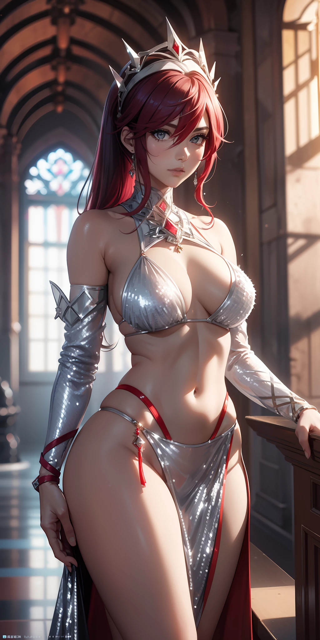 Rosariadef, Best quality, masterpiece, 16K, HDR, RTX, realistic, detailed, 1 queen, sexy, seductive, sensual, stylish, cool, muscular, (wearing a sexy silver-white-red sequin warrior bikini), long ponytail, jewelry, stylish translucent robes.