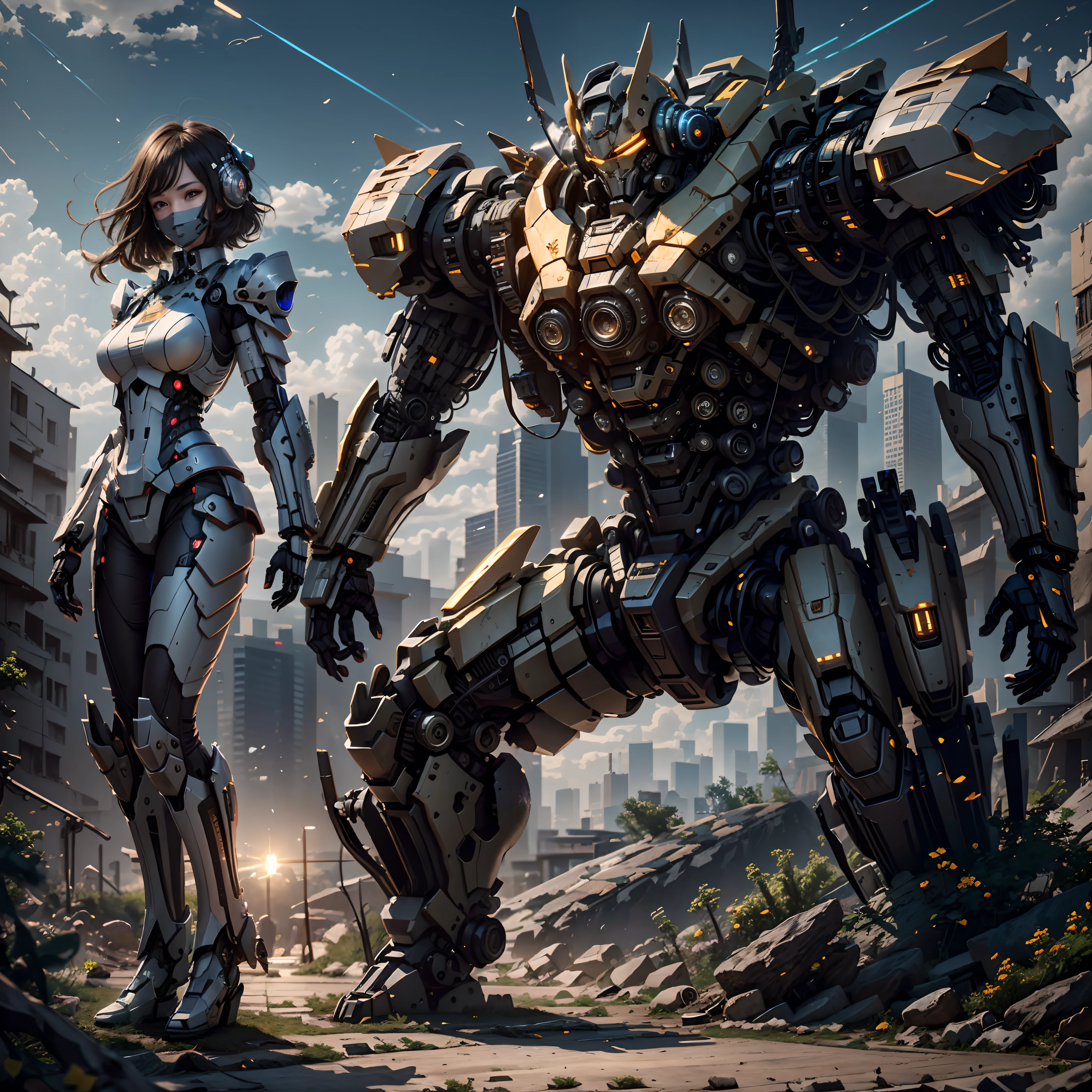 (Masterpiece, Top Quality: 1.2), Professional Lighting, 1 african Girl, dreadlocks, Full Body, Absurdity, High Resolution, Skyline, Beautiful Detailed Sky, Anime Girl in Mecha Suit, Anime Girl Mecha, Digital Cyberpunk Anime Art, 8k, Mecha Network Armor Girl
