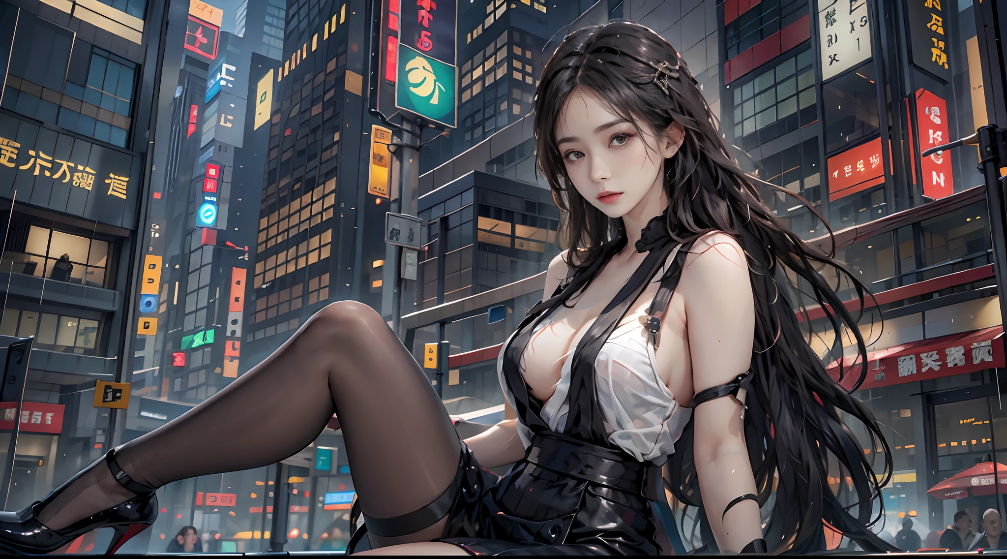 Woman,Realistic,Photorealistic,high-heels,Suspenders,blacksilk,城市,intersection,Professional Dress,eye glass,rainbow,very heavy rain,