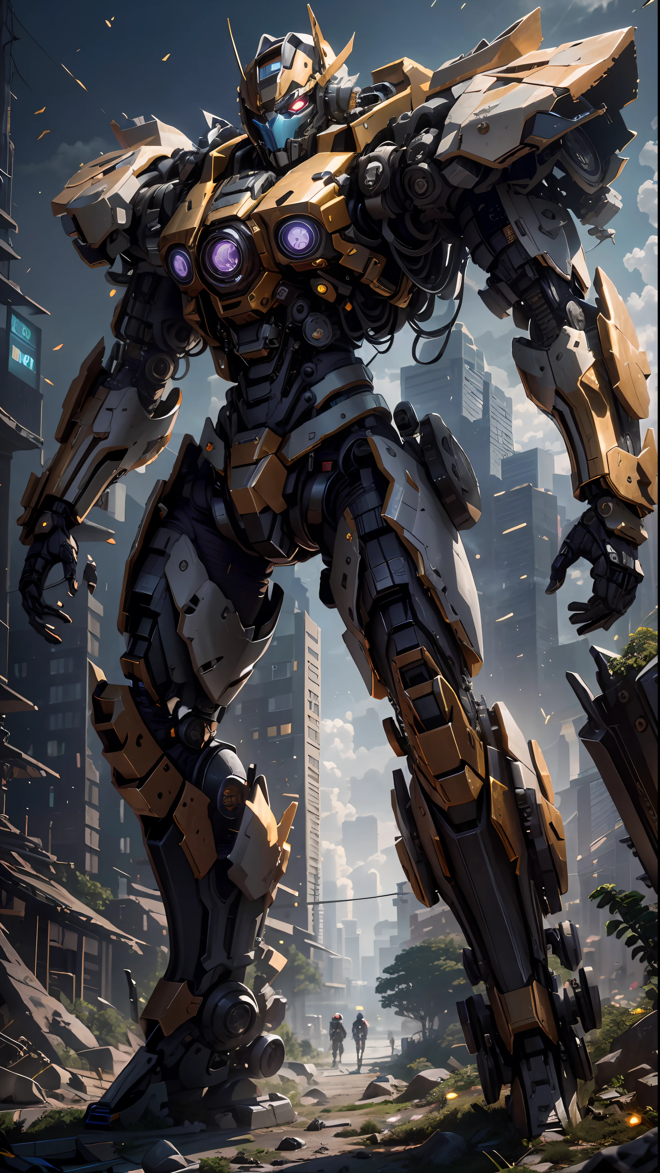 ((Best Quality)), ((Masterpiece)), (Very Detailed:1.3), 3D, Shitu-mecha, cyberpunk maskedman with his purple mech in the ruins of a city in the forgotten war, Ancient technology, HDR (High Dynamic Range), ray tracing, NVIDIA RTX, super resolution, unreal 5, subsurface scattering, PBR texture, post-processing, anisotropic filtering, depth of field, maximum sharpness and sharpness, multi-layer texture, albedo and highlight maps, surface shading, Accurate simulation of light-material interactions, perfect proportions, octane rendering, duotone lighting, low ISO, white balance, rule of thirds, wide aperture, 8K RAW, efficient sub-pixels, subpixel convolution, luminescent particles, light scattering, Tyndall effect