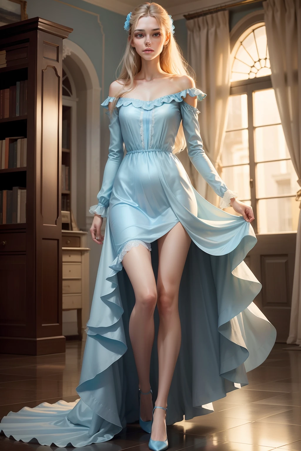 The tall,Skinny girl,Dressed in light blue,A flowing satin dress,Literary and romantic style
