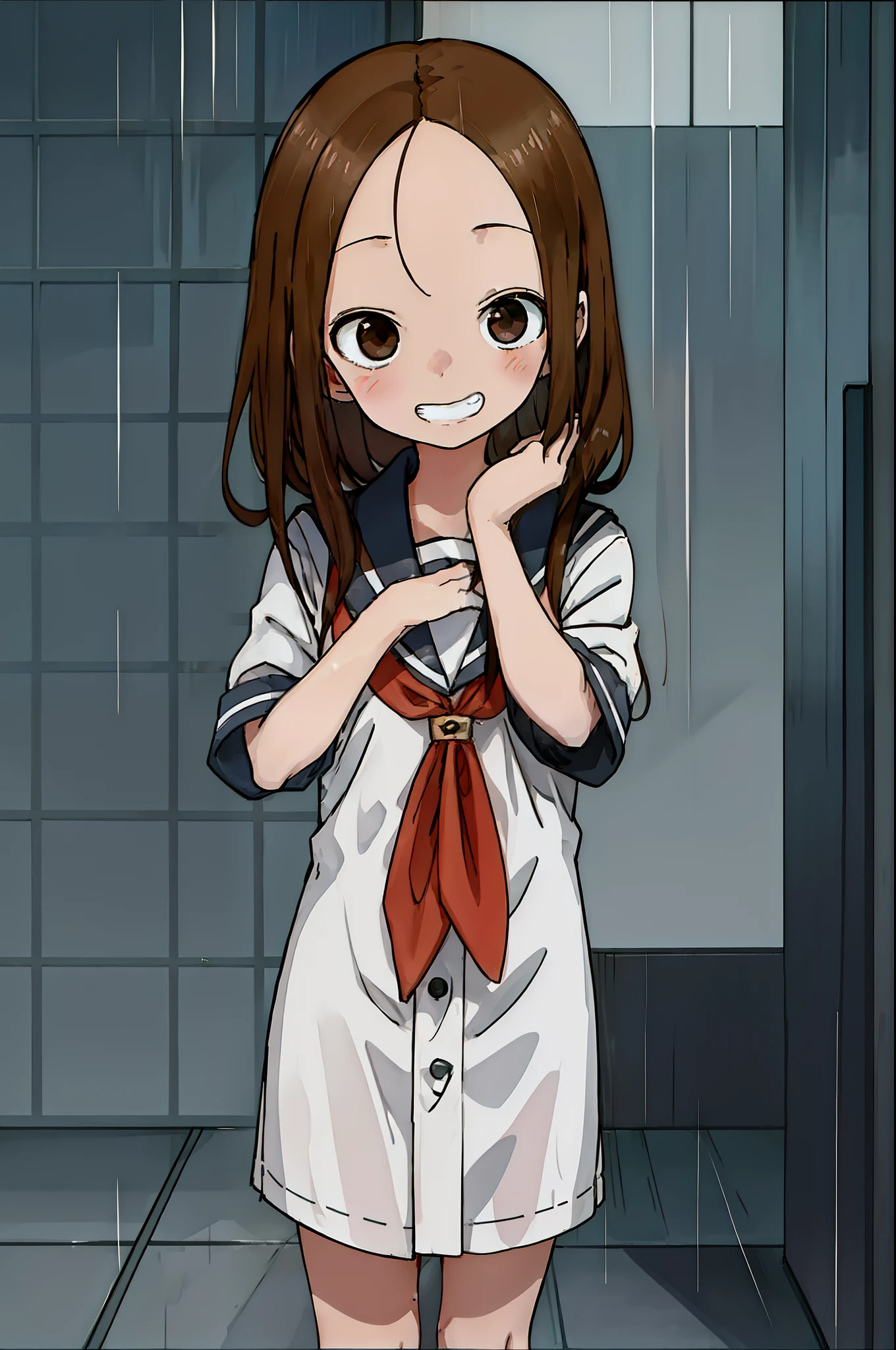 Teasing Master Takagi-san, cute idol aura, rainning and love effect, masterpieces, best quality anime 16k wallpaper, grin blushing face, body forward, camera from below, rainy background infront of house, wetted outfit, blinking pupil