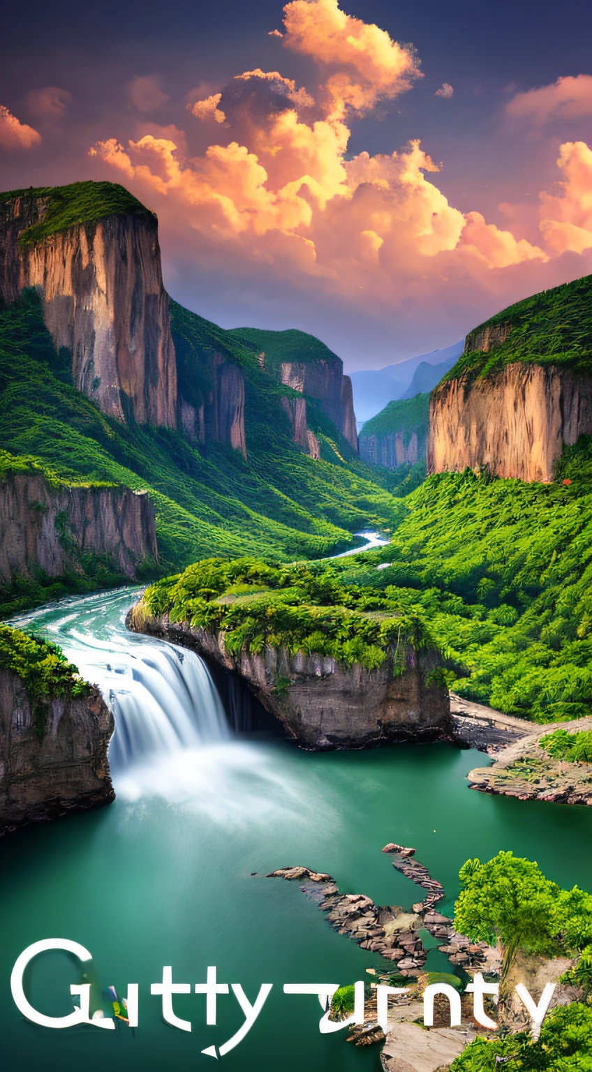Masterpiece, ultimate quality, Cg unity 8k wallpaper, super delicate, beautiful sky and clouds, rich natural scenery, cliffs, lakes and rivers, waterfalls and flying water, beautiful green mountains, no trace of people, excellent scenery, has already won a photo contest, background Blurring, full depth of field, HDR high dynamics, true restoration, intricate, extreme details, dramatic presentation, perfectly presenting the style of midjourney art.