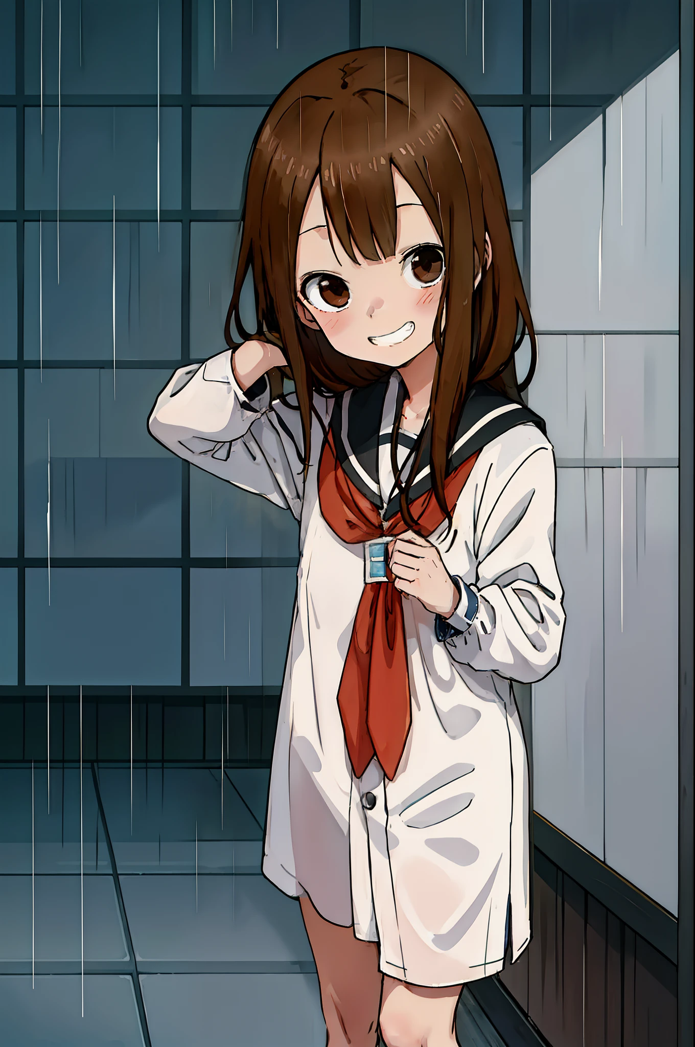 Teasing Master Takagi-san, cute idol aura, rainning and love effect, masterpieces, best quality anime 16k wallpaper, grin blushing face, body forward, camera from below, rainy background infront of house, wetted outfit, blinking pupil