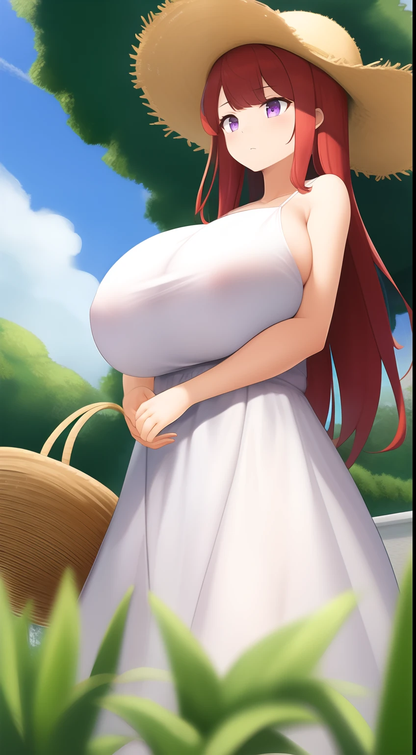 masterpiece, 1girl, huge breast, breast expansion, brond red hair, long hair, purple eyes, Expressionless, white dress, straw hat, Garden, standing, Wind, from below, wide shot, looking at another