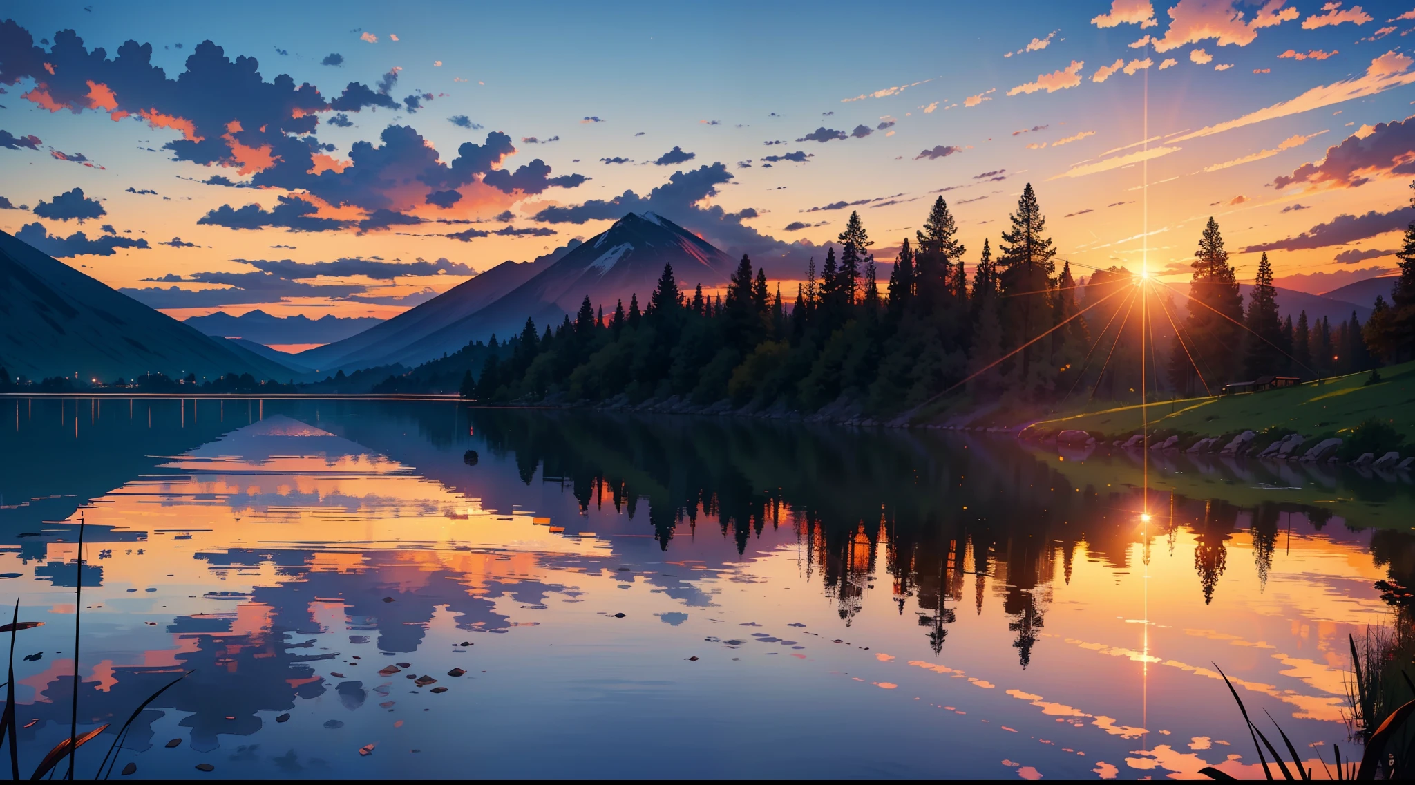 beautiful sunset in evening with a lake reflecting it, orange, upper sky is purplish blue, sun is touching horizon, ultra realistic, lens flare, 8k