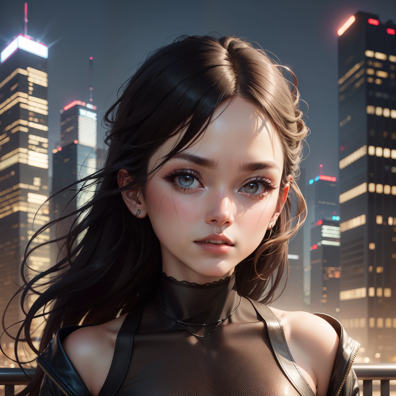 "Cityscape backdrop with perfectly tuned facial features"