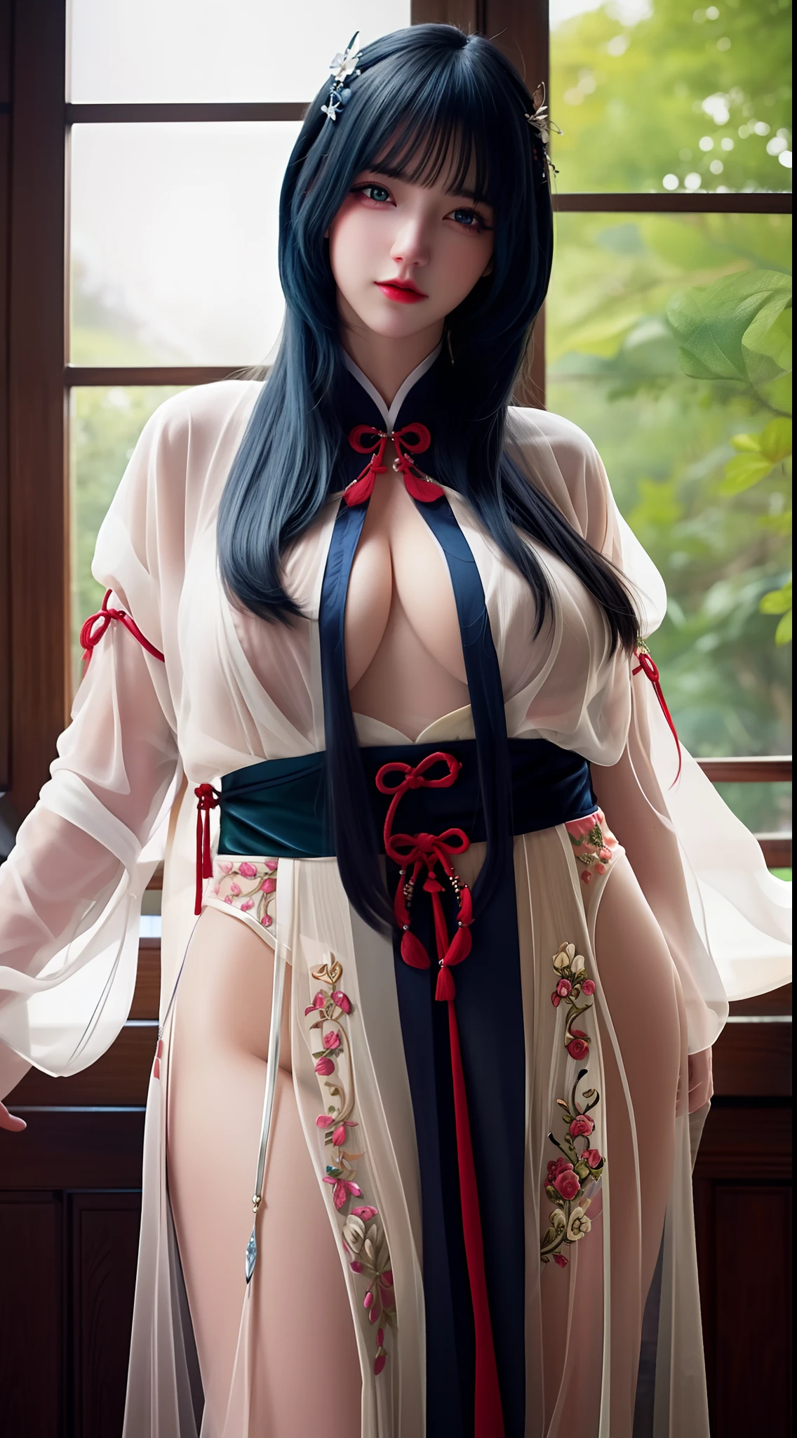 (hyperrealistic), (illustration), (high resolution), (8K), (extremely detailed), (best illustration), (beautiful detailed eyes), (best quality), (ultra-detailed), (masterpiece), (wallpaper), (photorealistic), (natural light), (rim lighting), (detailed face), (high detailed realistic skin texture), (anatomically correct), (solo), (1 girl), (high detailed realistic hair), (blue hair:1.2), spike hair, (heterochromic eyes), (detailed green eyes), (small moles under the eyes), (realistic big breasts:1.5), (plump breasts:1.3), (exposed breasts:1.3), (long legs), (slender abs), (dynamic pose), (closed mouth:1.3), (traditional hanfu clothes), (sheer clothes:1.5), nsfw,