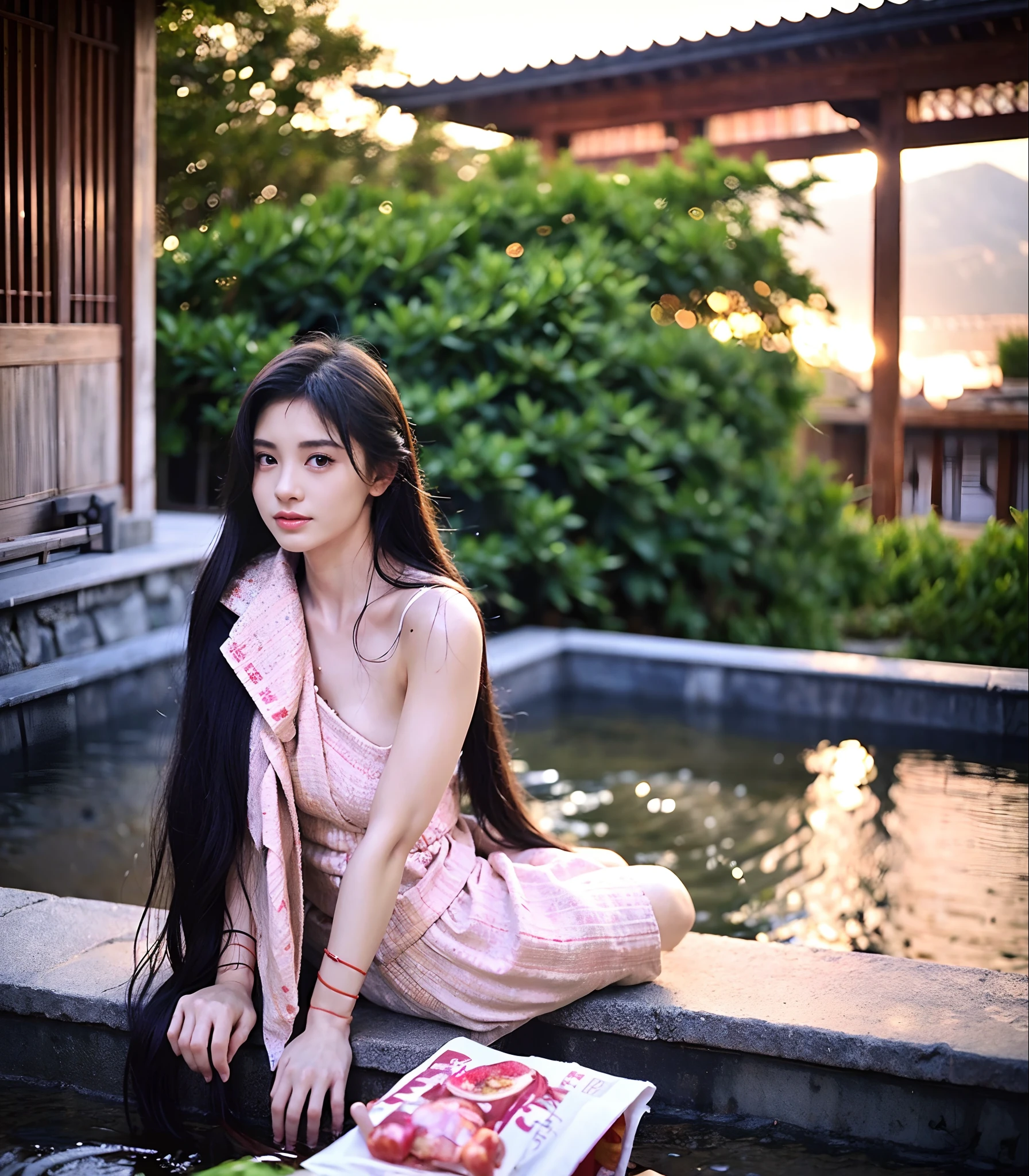 Masterpiece, Best quality, vibrant detail, 1girll, Pink eyes, Long hair, Black hair, the wallpaper, (Realistic, photo-realistic:1.37),Amazing, finedetail, (Grapefruit in front), (Temple in the background), Sitting, red kimono, Medium breasts, Topless, arms back behind, water, Sunset, hair adornments,
