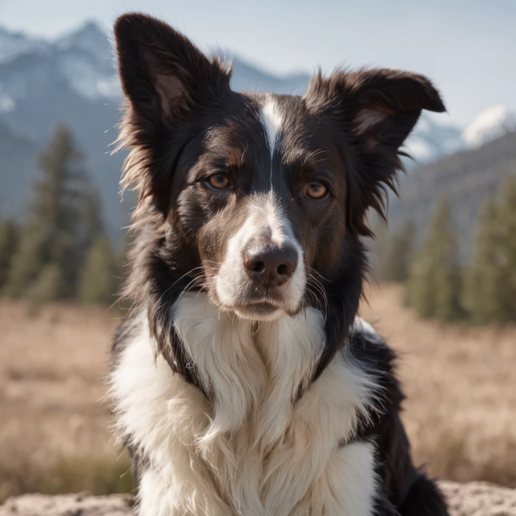 RAW photos,DSLR close-up,A border collie in Yosemite National Park,Cold nature documentary style photography,detail-rich,sunlighting,sun light,Cinematic lighting,professional colorgraded。