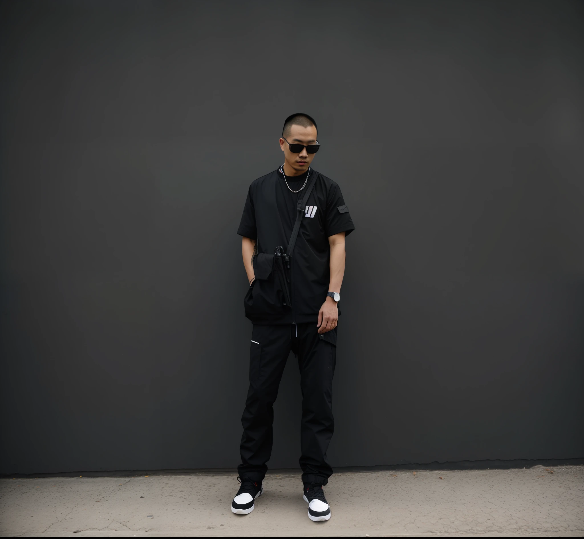 arafed man standing in front of a wall with a camera, wearing japanese techwear, inspired by Wang E, inspired by Gang Hui-an, inspired by Li Tiefu, wearing urban techwear, inspired by Luo Ping, wearing space techwear, outlive streetwear collection, inspired by Chen Daofu, inspired by Luo Mu