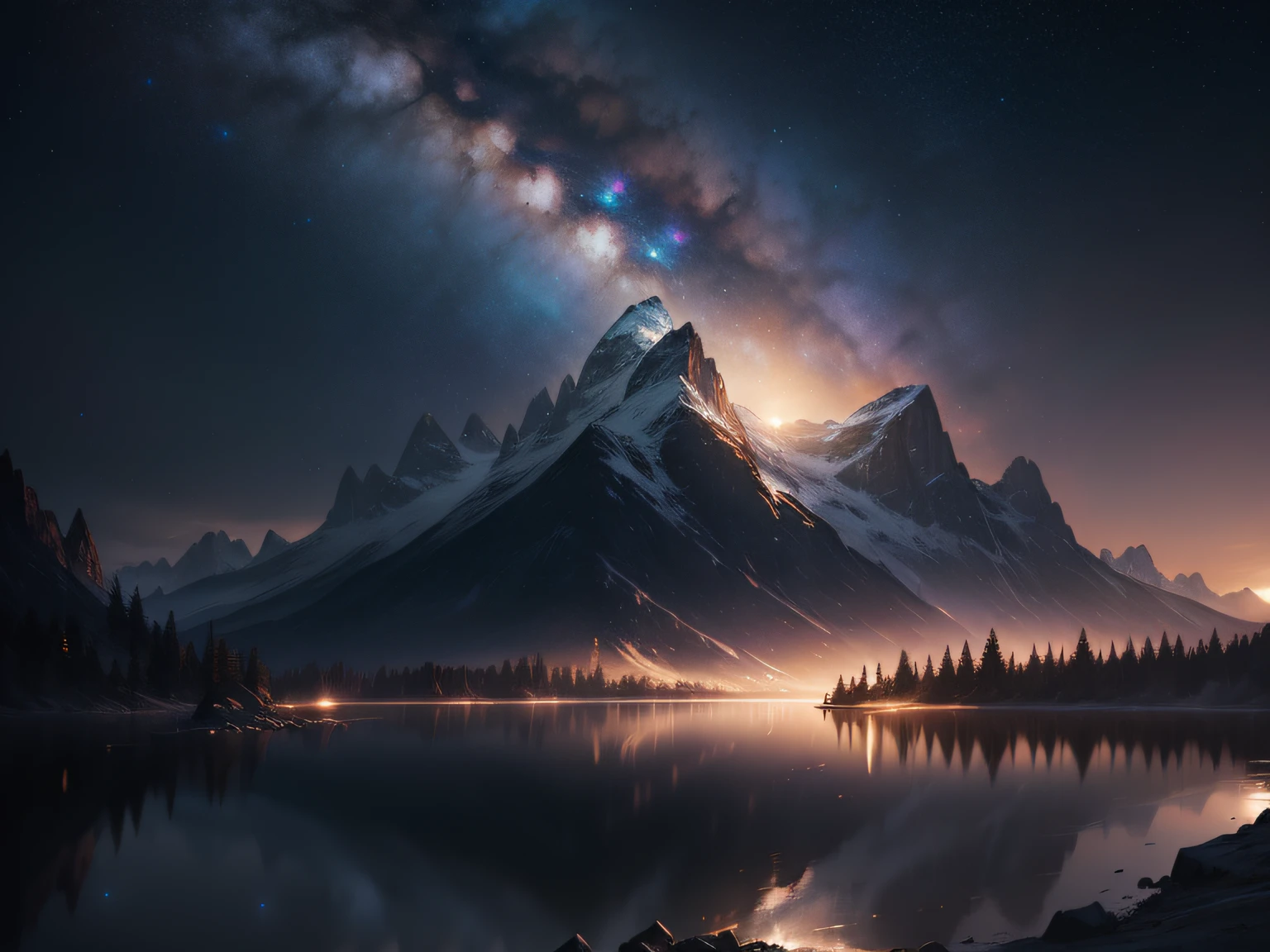 Starry Sky with Mountains and Lake, Jessica Rossier, Inspired by Jessica Rossier, Jessica Rossier Fantasy Art, Concept Art Magic Highlights, Official Artwork, Dream Painting, Ethereal Realm, Atmospheric artwork, dreamy matte paintings, serene endless stars inspired by Ted Nasmith, moonlit starry environments, epic music album covers.