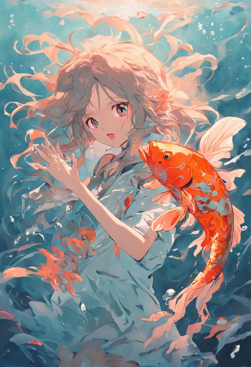 At the bottom of the sea, a girl holds a koi fish in her arms，Marine life，Beautiful coral reef，The fish，Messy painting style，Hair flows in water，4k
