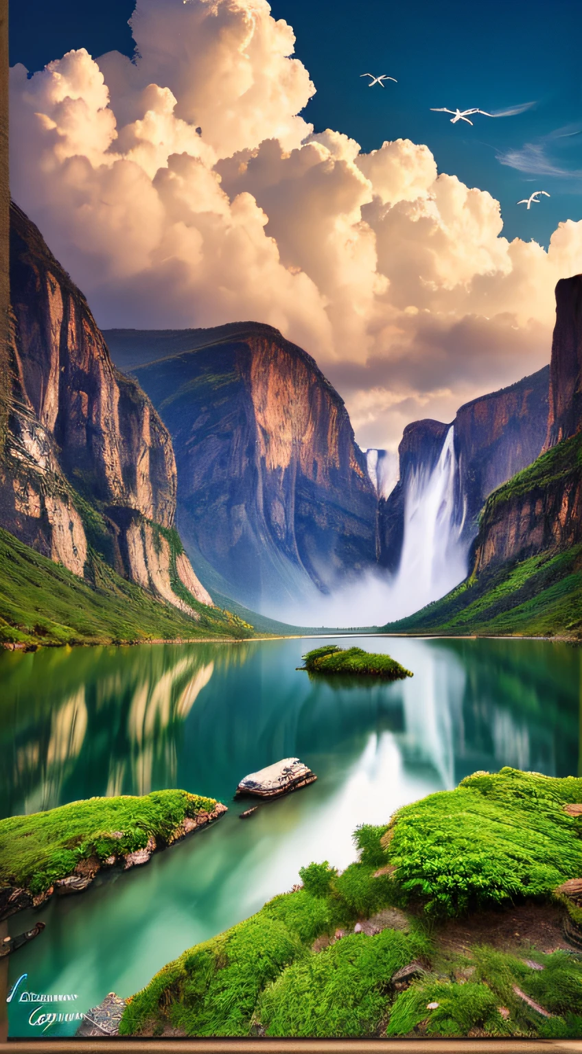 Masterpiece, ultimate quality, Cg unity 8k wallpaper, super delicate, beautiful sky and clouds, rich natural scenery, cliffs, lakes and rivers, waterfalls and flying water, beautiful green mountains, no trace of people, excellent scenery, has already won a photo contest, background Blurring, full depth of field, HDR high dynamics, true restoration, intricate, extreme details, dramatic presentation, perfectly presenting the style of midjourney art.