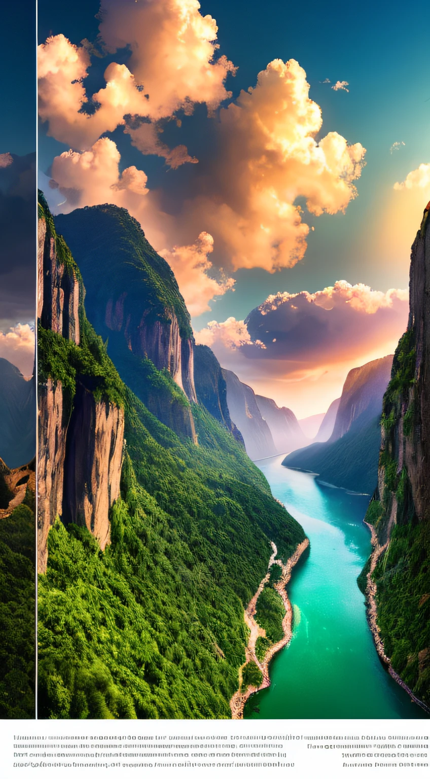 Masterpiece, ultimate quality, Cg unity 8k wallpaper, super delicate, beautiful sky and clouds, rich natural scenery, cliffs, lakes and rivers, waterfalls and flying water, beautiful green mountains, no trace of people, excellent scenery, has already won a photo contest, background Blurring, full depth of field, HDR high dynamics, true restoration, intricate, extreme details, dramatic presentation, perfectly presenting the style of midjourney art.