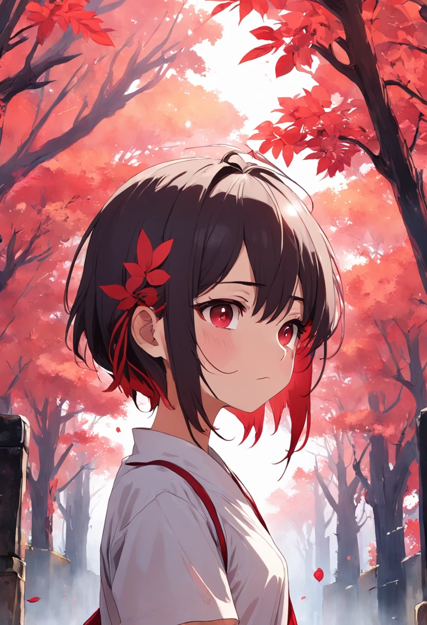 ,Libido boy,A white shirt with short sleeves,Red strap,Blindfolded,Wind,sideface,brush cut,Bauhinia tree background,Half look up