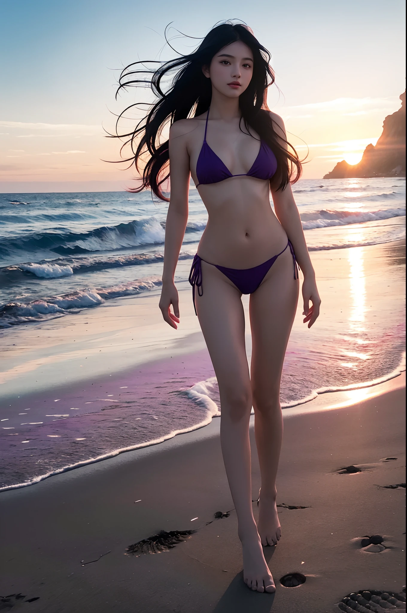 (Ultra realistic:1), 1girl, long black hair, purple eyes, bikini, beach, light particles,sunset , wallpaper, (full body view)