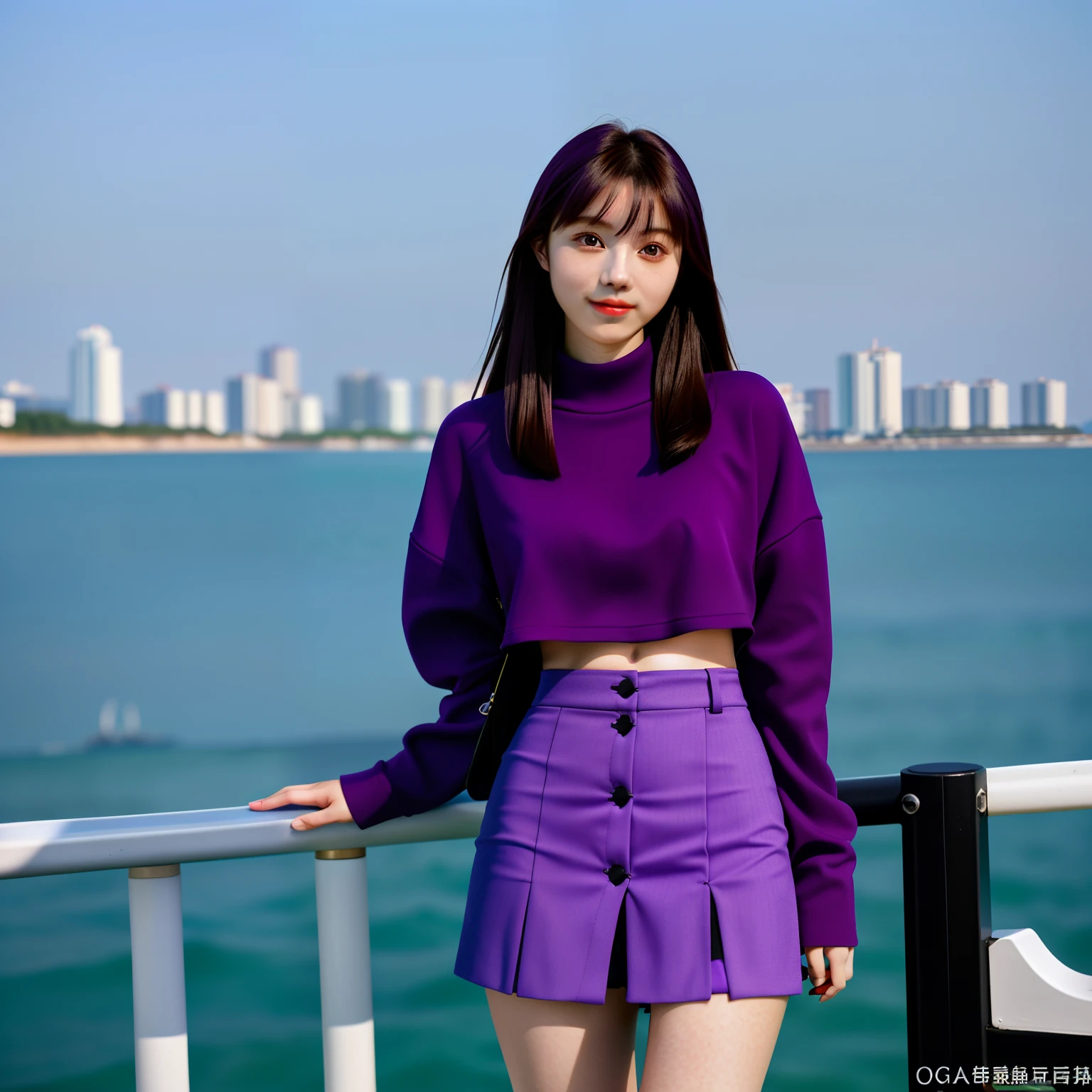 Photo style,1female,18yr old,Purple miniskirt,鎖骨,Read a book by the sea,Sexy breasts,ultra clear details,side looking,(eventide),volumettic light