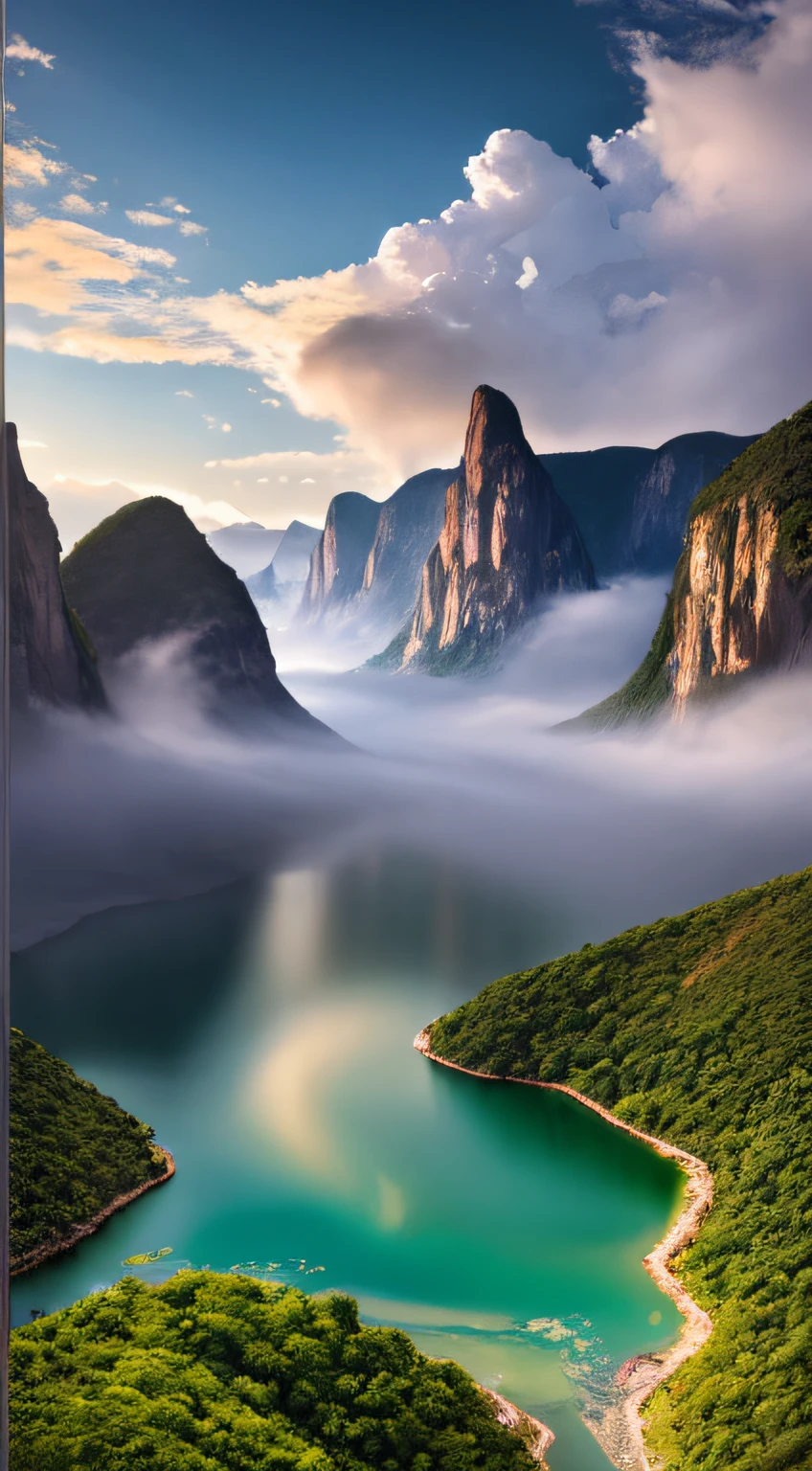 Masterpiece, ultimate quality, Cg unity 8k wallpaper, super delicate, beautiful sky and clouds, rich natural scenery, cliffs, lakes and rivers, waterfalls and flying water, beautiful green mountains, no trace of people, excellent scenery, has already won a photo contest, background Blurring, full depth of field, HDR high dynamics, true restoration, intricate, extreme details, dramatic presentation, perfectly presenting the style of midjourney art.