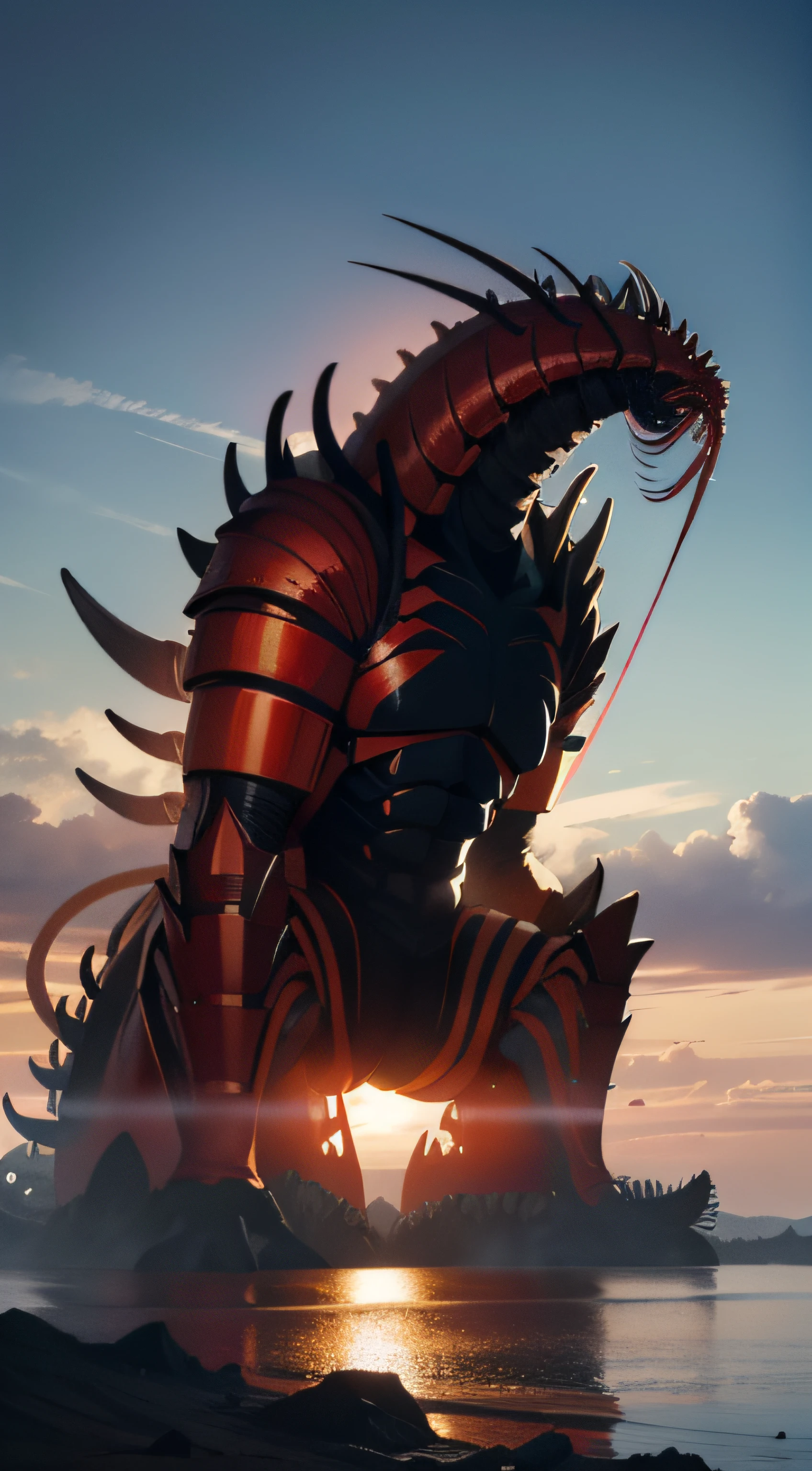 A striking scene unfolds as a colossal lobster strides onto Japanese soil, burdened by containers of radioactive water. The low angle of view enhances the lobster's imposing presence against the sky. The creature's massive claws and intricate details are accentuated as it bears the ominous load. The backdrop hints at the impact of environmental challenges, symbolized by the radioactive waste. Rendered with precision, this portrayal captures the essence of a dramatic scenario, conveying a blend of awe and concern through meticulous detail and a palette that mirrors the gravity of the situation.