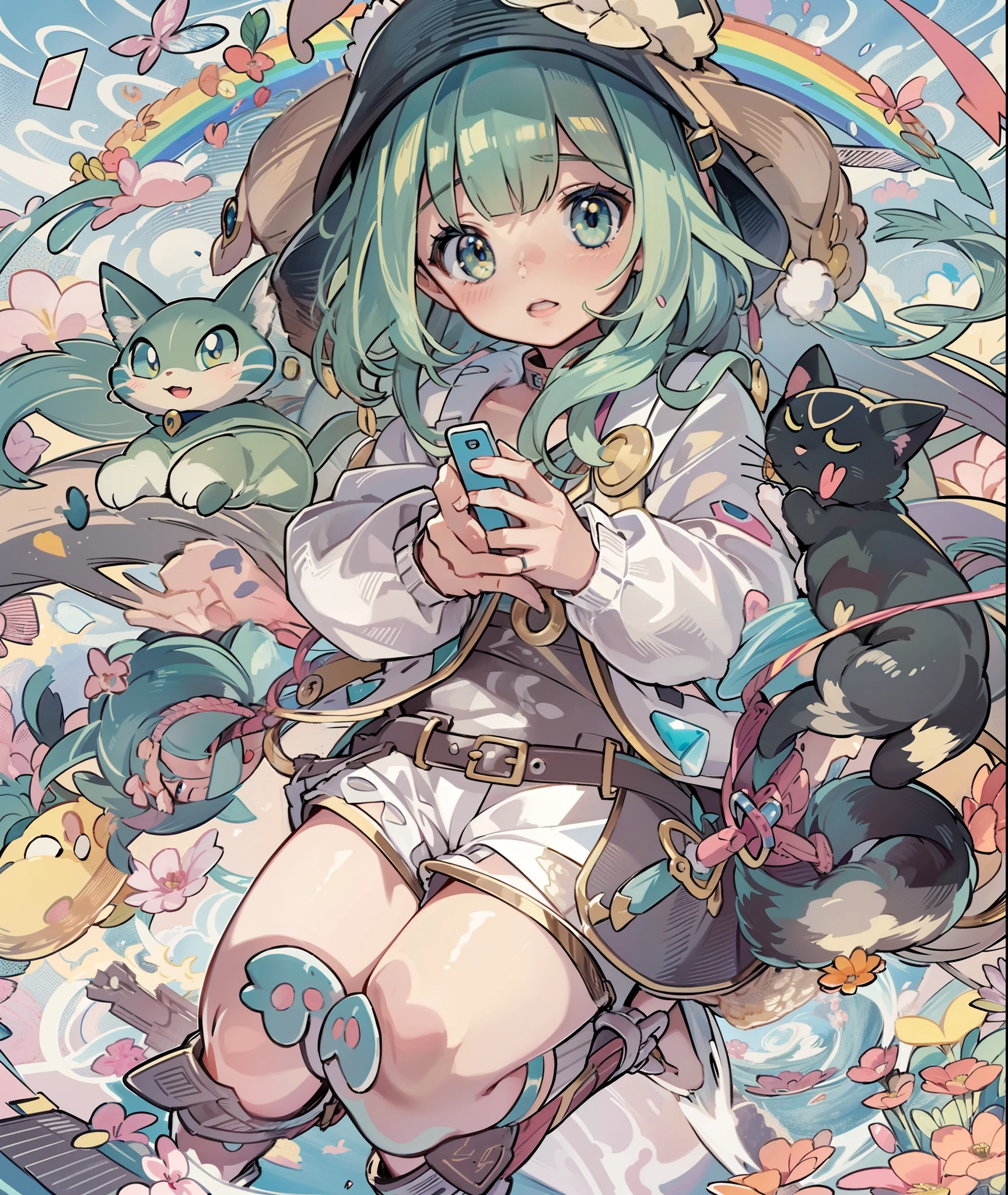 1girl in,A pokémon_The card,(top-quality), (high_quality), (Convoluted_Details), (ultra-detailliert), (illustratio), (Distinct_image),saito_naoki,Against the backdrop of the vast sky、Rainbow View、With cats（（Cute cat１.５））