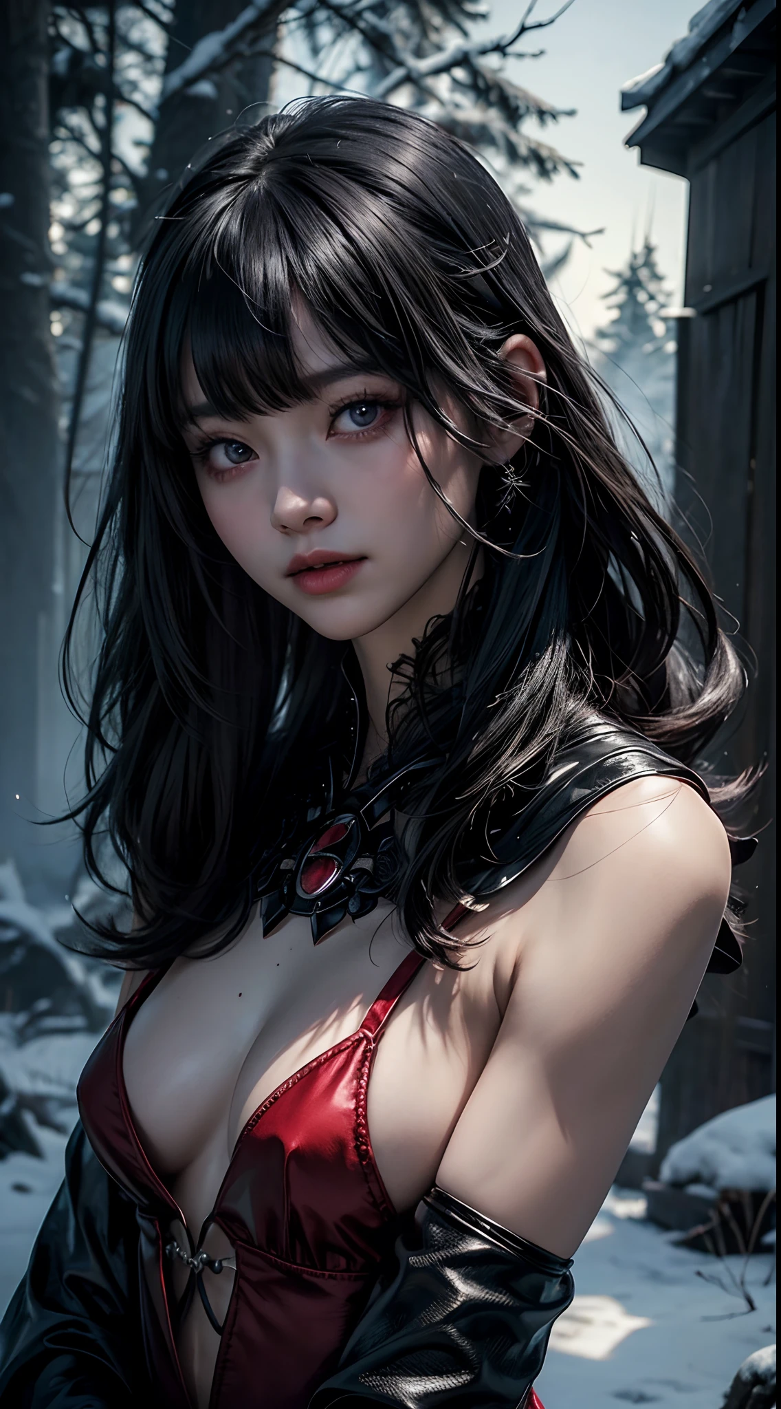 (8K, Raw photography, top-quality, masterpiece:1.2), One Woman、Japan at the age of 18,fullllbody.{scinematic angle、Wide Angle、Don't split the screen、}(Realistic Skins 1.4)、(((Dracula、Black hood、Black cloak、Goth costume、Do not show the skin、)))、(((In the dark forest、Pitch black night、Deep fog)))((Blood dripping from the mouth、Red Eyes、Black and long nails))、50mm Lens、30mm film、wide angles、(long、straight haired、)、(A dark-haired、The forehead is hidden by bangs、)、Black eyes、shinny skin.Beautiful delicate face、Beautiful delicate eyes、{tiny chest、small tits、muscular body、}、