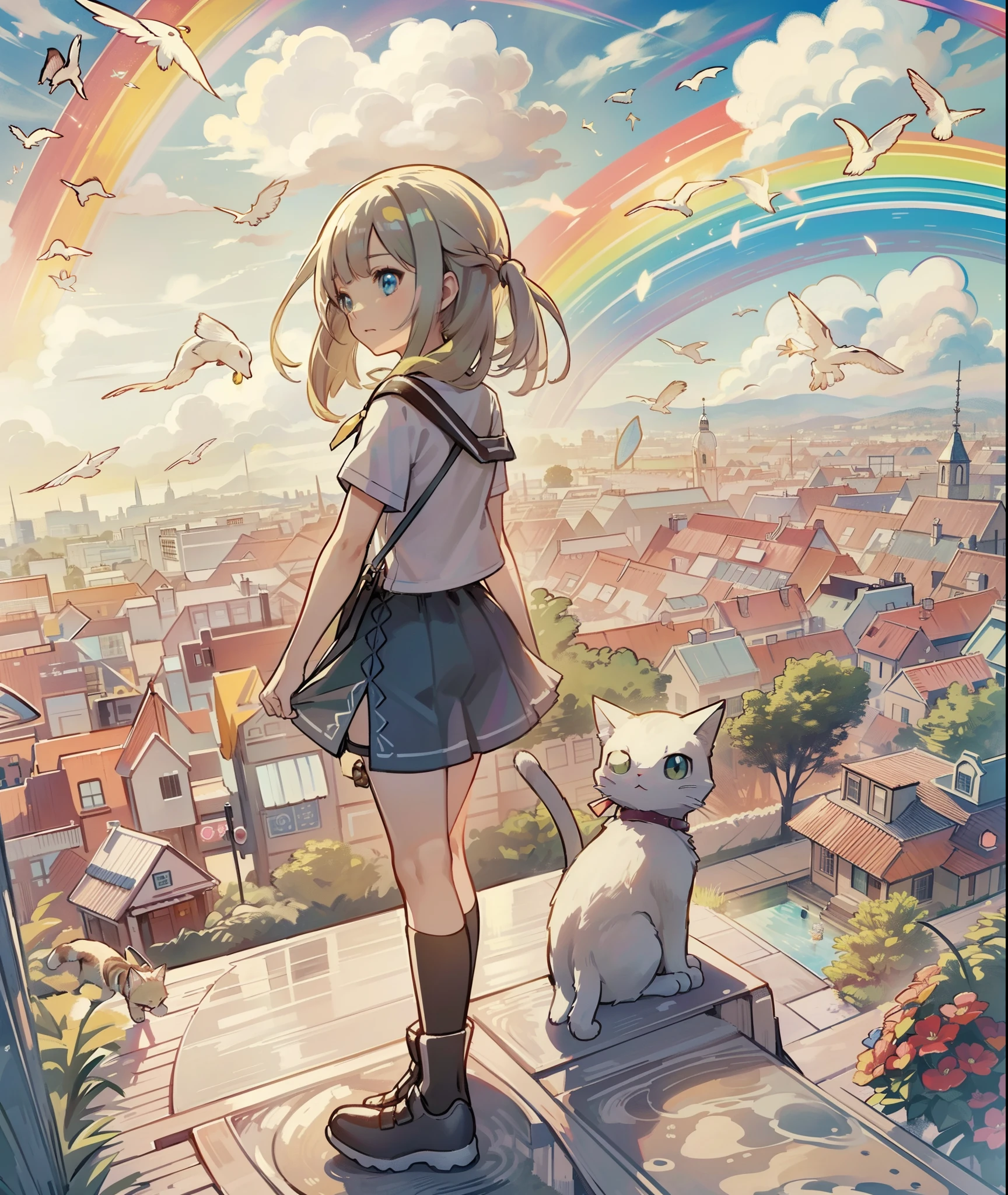 1girl in,A pokémon_The card,(top-quality), (high_quality), (Convoluted_Details), (ultra-detailliert), (illustratio), (Distinct_image),saito_naoki,Against the backdrop of the vast sky、Rainbow View、With cats（（Cute cat１.５））