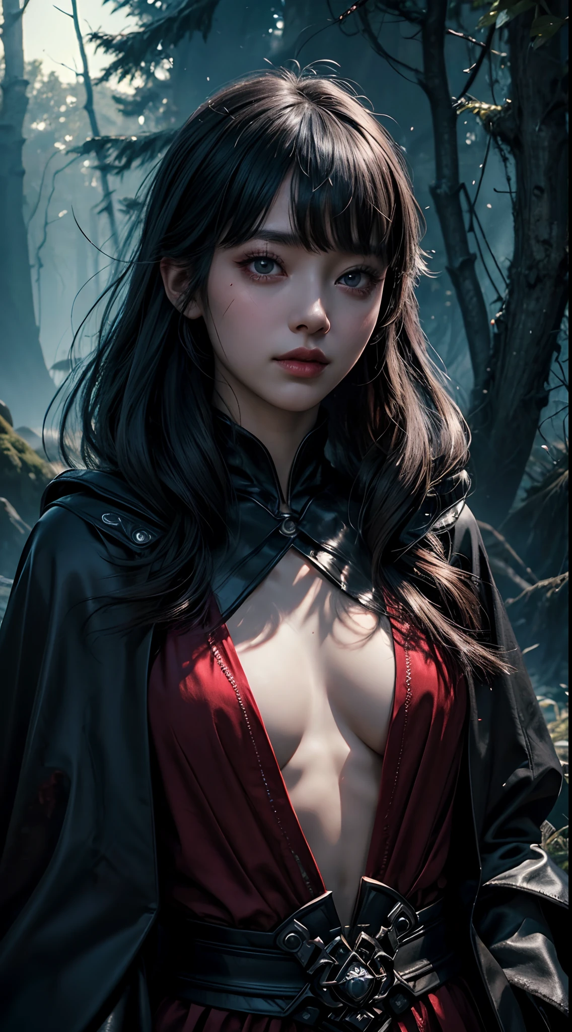 (8K, Raw photography, top-quality, masterpiece:1.2), One Woman、Japan at the age of 18,fullllbody.{scinematic angle、Wide Angle、Don't split the screen、}(Realistic Skins 1.4)、(((Dracula、Black hood、Black cloak、Goth loli costume、Do not show the skin、)))、(((In the dark forest、Pitch black night、Deep fog)))((Blood dripping from the mouth、Red Eyes、Black and long nails))、50mm Lens、30mm film、wide angles、(long、straight haired、)、(A dark-haired、The forehead is hidden by bangs、)、Black eyes、shinny skin.Beautiful delicate face、Beautiful delicate eyes、{tiny chest、small tits、muscular body、}、