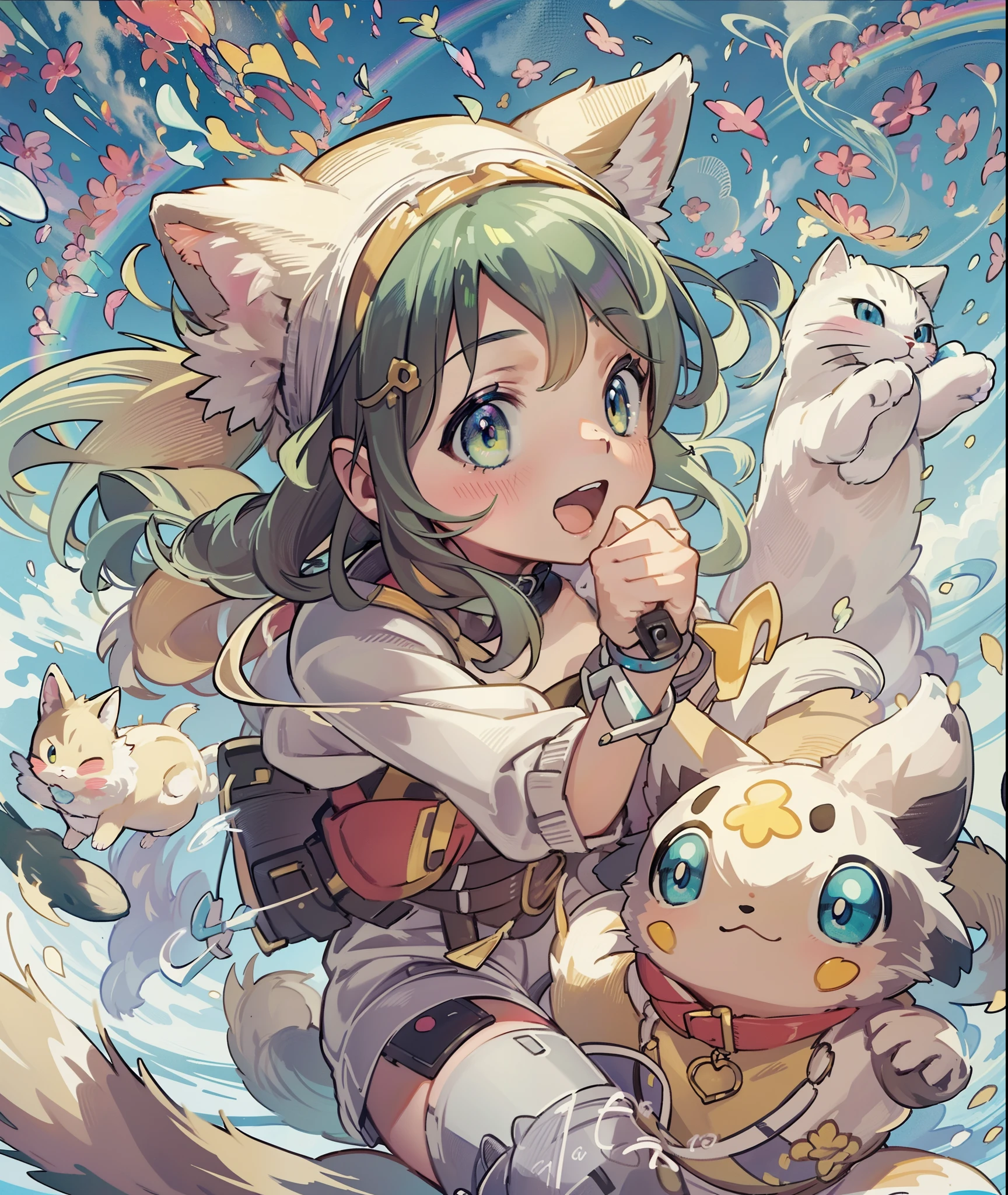 1girl in,A pokémon_The card,(top-quality), (high_quality), (Convoluted_Details), (ultra-detailliert), (illustratio), (Distinct_image),saito_naoki,Against the backdrop of the vast sky、Rainbow View、With cats（（Cute cat１.５））