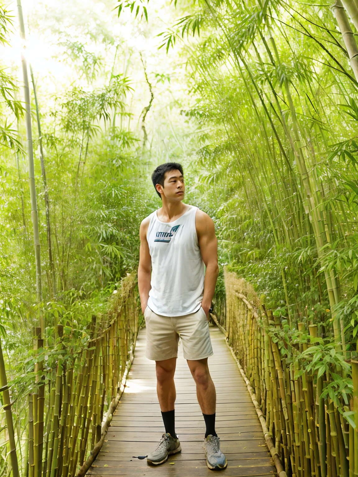 arafed man standing on a wooden walkway in a bamboo forest, in a bamboo forest, of bamboo, walking in a bamboo forest, bamboo forest, bamboo forest in the background, amidst nature, standing in a botanical garden, made of bamboo, deep in a japanese bamboo forest, in a jungle environment, wearing : tanktop, in jungle forest !!!, bamboo