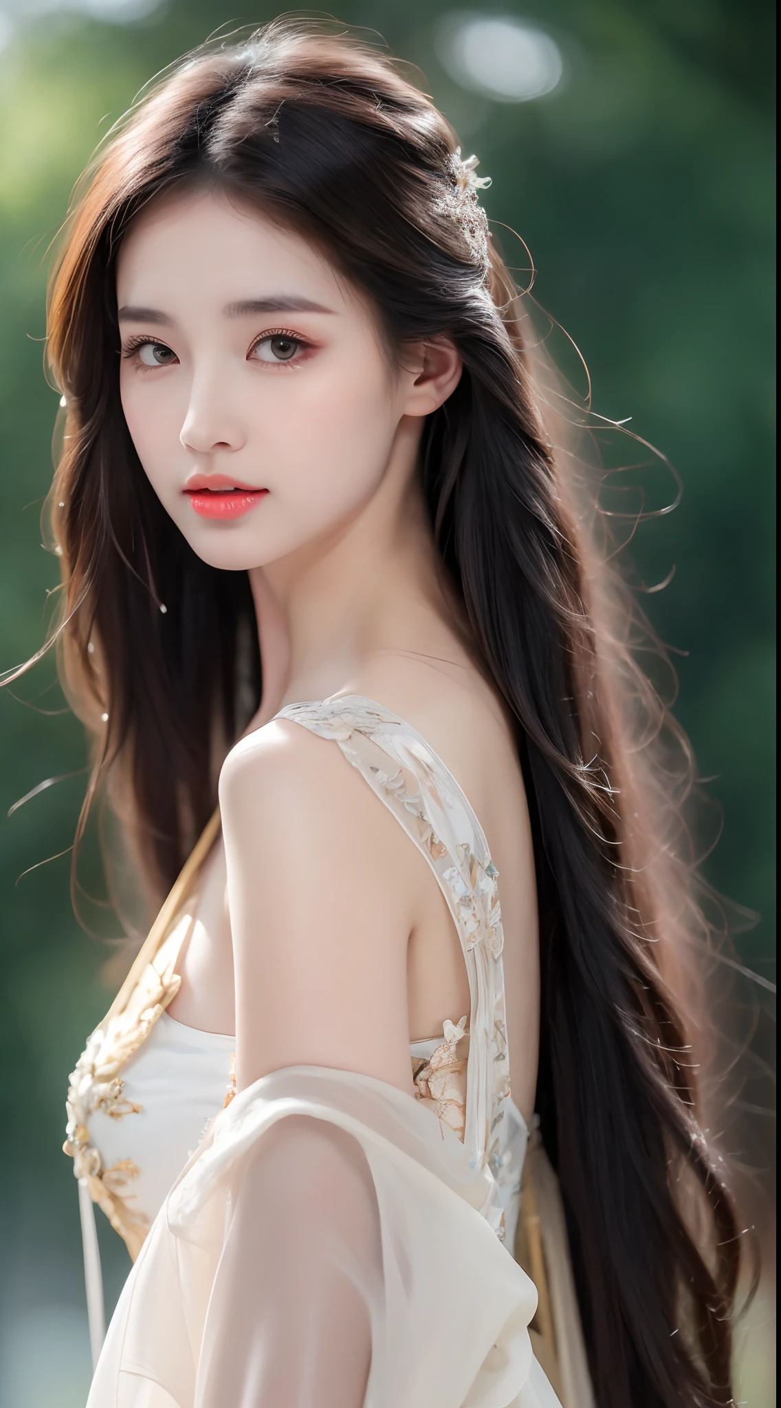 ((Best Quality, 8k, Masterpiece: 1.3)), Focus: 1.2, Perfect Body Beauty: 1.4, Buttocks: 1.2, ((Layered Haircut)), (Wet Clothes: 1.1), (Rain, Street:1.3), (Breasts: 1.2), (Hanfu: 1.2), Bare Shoulders, Bare Legs, Highly Detailed Face and Skin Texture, Fine Eyes, Double Eyelids, Whitened Skin, Long Hair, (Shut Up: 1.5), (Bokeh Background: 1.5), Big Breasts
