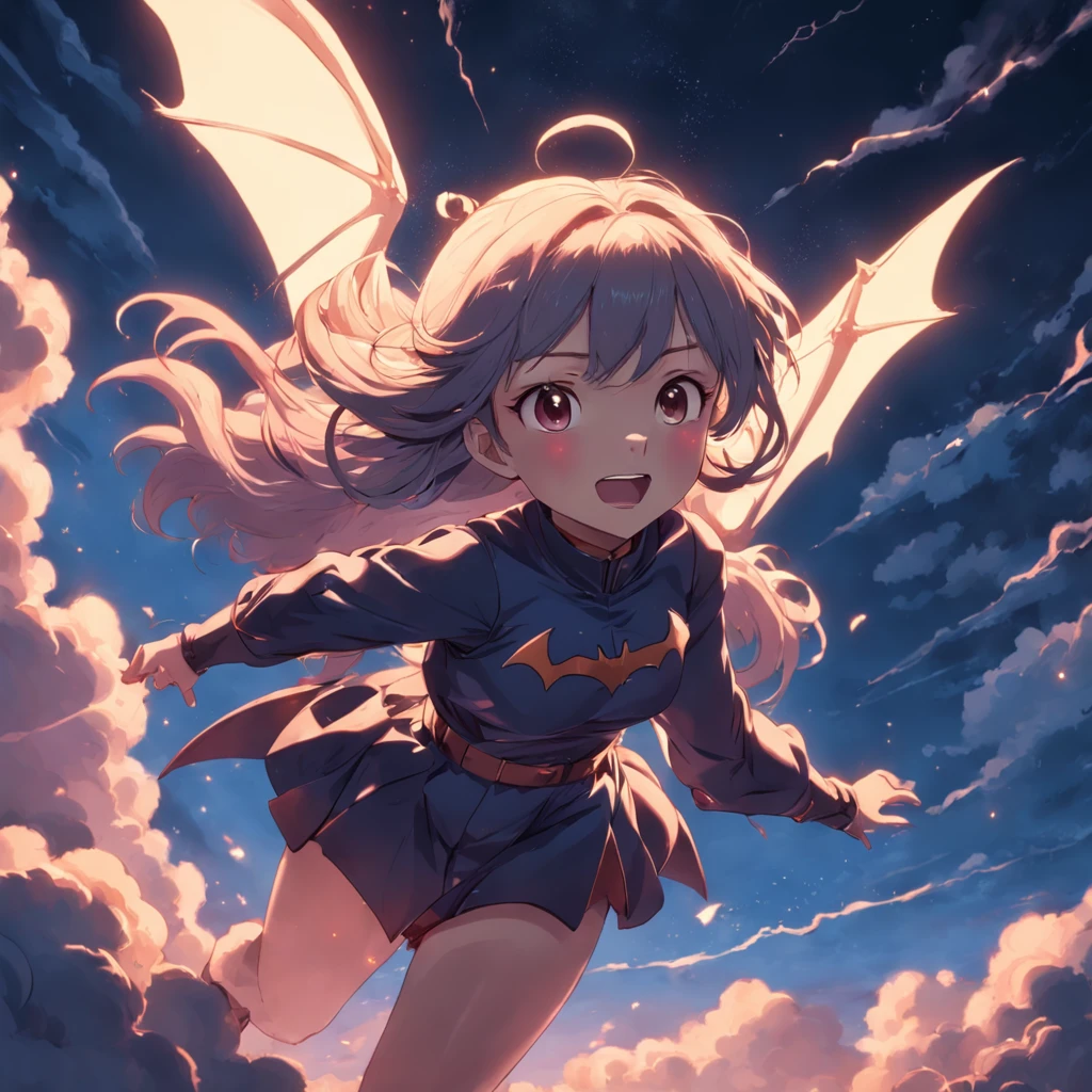 Bat girl, masterpiece, best quality, movie still, 1girl, cloud girl, floating in the sky, close-up, bright, happy, warm soft lighting, sunset, (sparks:0.7)