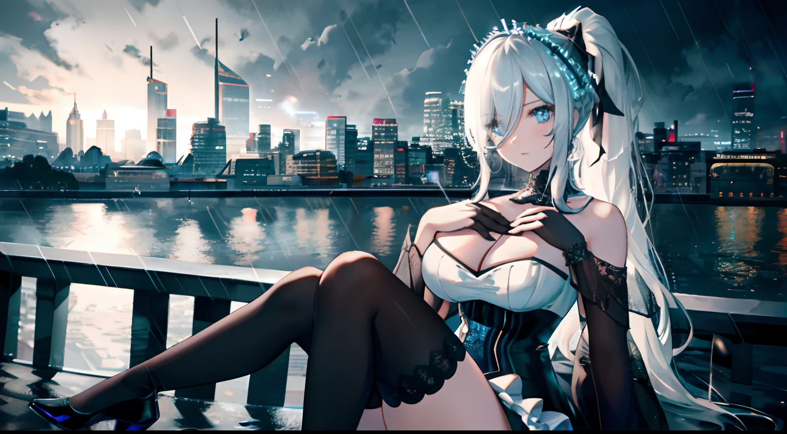 heavy rain，Gorgeous high heels，Under water，grabbing the breasts，Official fine art，tmasterpiece，，Nice high ponytail hairstyle，Delicate and beautiful eyes and face，realisticlying，ultra - detailed，a beauty girl，blue-sky，scenecy,Long straight hair, sexy facial expression, buliding, (Cityscape:1.7), Dynamic hair, , , paleskin, hair adornments, epic landscapes,deep in the night，Masterpiece, Best quality,Bare shoulders, white thighhighs, Hair ribbon, Large breasts,black long socks