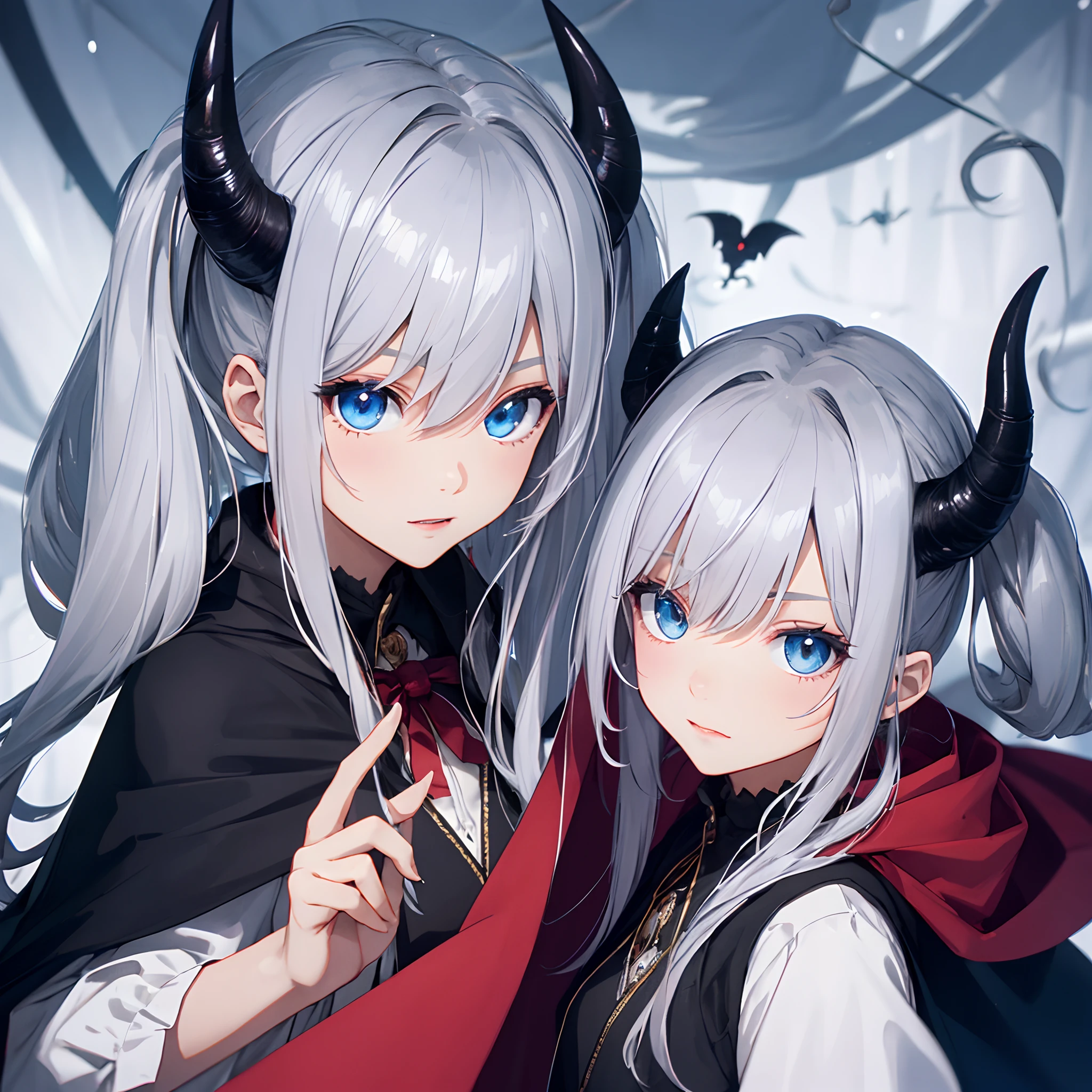 {silver_hair},{blue_eyes}, wand,devil, cape,twintails