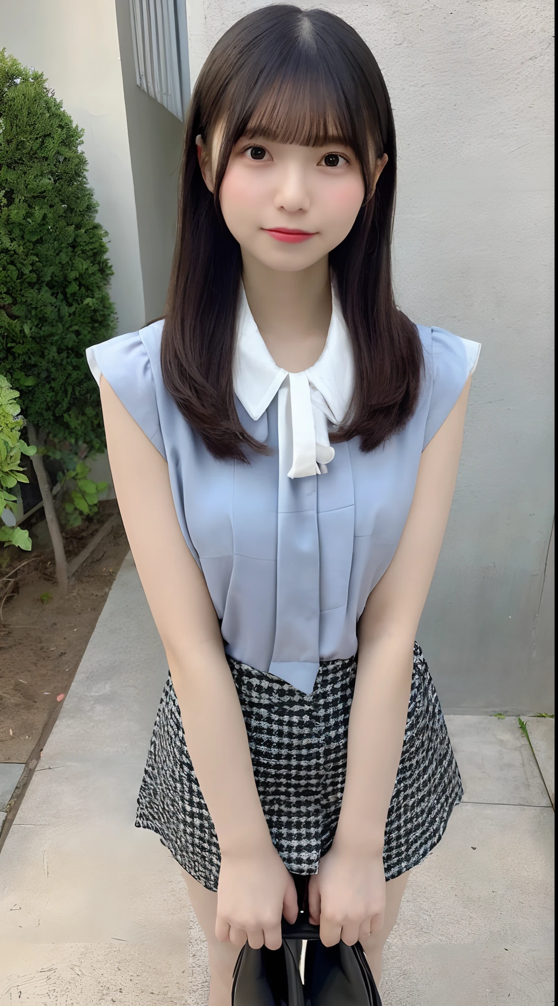 mix4, (8K, Raw photography, Top image quality, masterpiece: 1.45), (realisitic, Photorealsitic: 1.37), one girls, cute little, A city scape,, profetional lighting, photon maping, Radio City, physically-based renderingt, Gradient black hair,, a handsome, girl with, (((student clothes、Silk white blouse with short sleeves、Dark blue knitted vest、White Satin Mini Skirt、No red tie pattern、Black High Socks、Black Loafers Leather Shoes))), Top Quality Photos, hight resolution, 1080p, (clearface), (Detailed face description), (Detailed hand description), (masterpiece), (Exquisite CG)、extreme light and shadows、dishevled hair、master work、abundant detail、(Fine facial features)、(top quality photo)、(masuter piece)、(A detailed eye)、Look in front of you、Fine clavicle、((Slender big))、((White beret)))、((Cute idol system))、((School Grounds))、(Shooting from random perspectives)、(((Anyway cute)))、耳Nipple Ring、A big smile、Drawing the whole body from the knees、Do not draw nasolabial folds、(((Holding a leather student bag in your hand)))、Big breasts that stand out from the top of clothes、Two legs、(((Standing Pose)))、bare hand、Hands out of the sleeves of blouses、