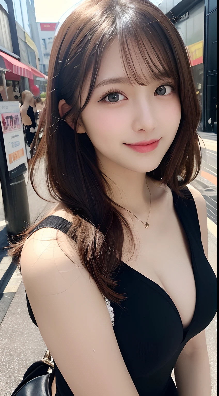 masutepiece, Best Quality, Illustration, Ultra-detailed, finely detail, hight resolution, 8K Wallpaper, Perfect dynamic composition, Beautiful detailed eyes, Women's Fashion Summer,Medium Hair,Small breasts natural color lip, Bold sexy poses,Smile,Harajuku、20 years girl、Cute、Sexy shot looking at camera