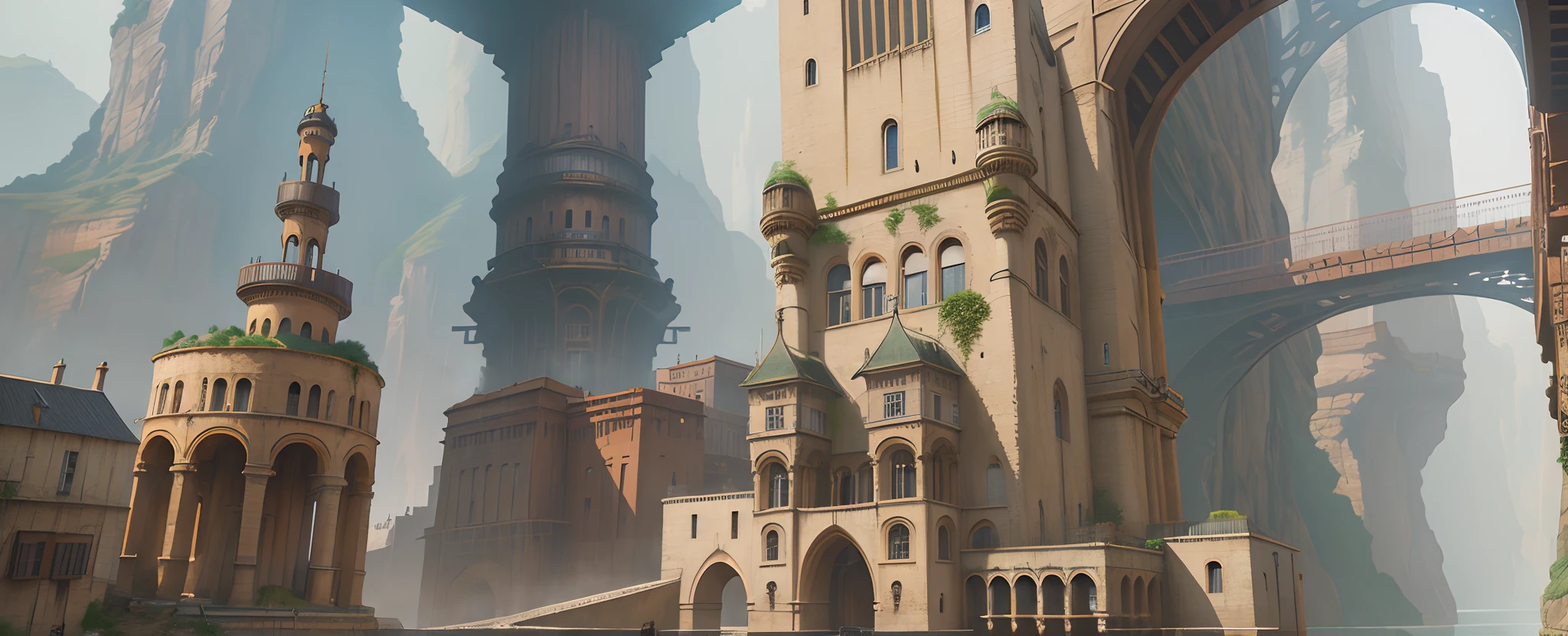 ((masterpiece)),((best quality)),((high detial)),((realistic,)) Industrial age city, deep canyons in the middle, architectural streets, bazaars, Bridges, rainy days, steampunk, European architecture