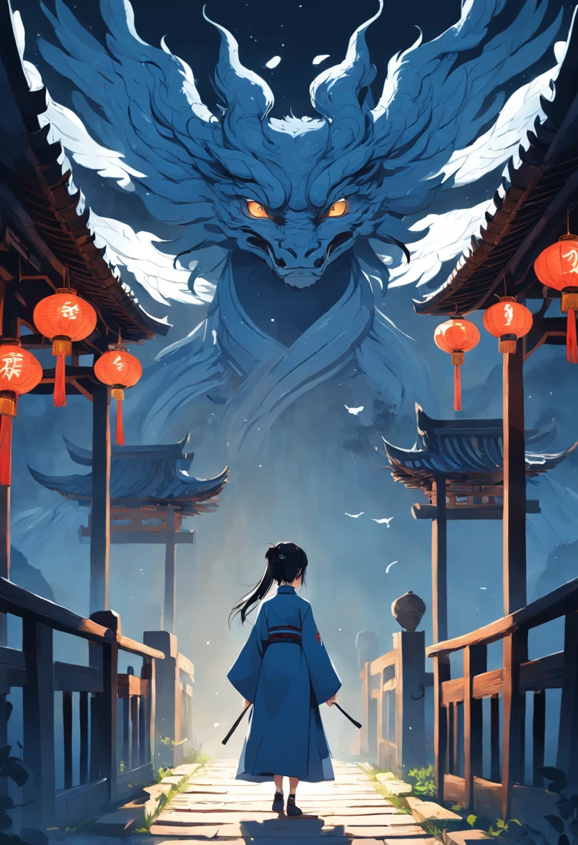 Ancient Chinese characters,A man and a woman,face to face,Close,Stand on a small bridge made up of magpies,Stick figure style,minimal style,Flat viewing angle,the sideview,Far view,Blue is the main color,White background,ultra HD picture quality,high high quality,high detal。