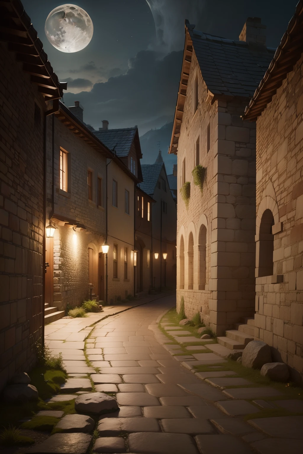 Best Picture Quality，8K。Narrow medieval Roman roads，Boulders are made into stone arches，Ancient1000mm. stone，Gravel trail，The alleys crisscrossing the faint candlelight，废墟，Realistic Photo Effect，SENSE OF CINEMA，Unreal Engine5，A huge moon in the sky，mm telephoto lens for realistic results"