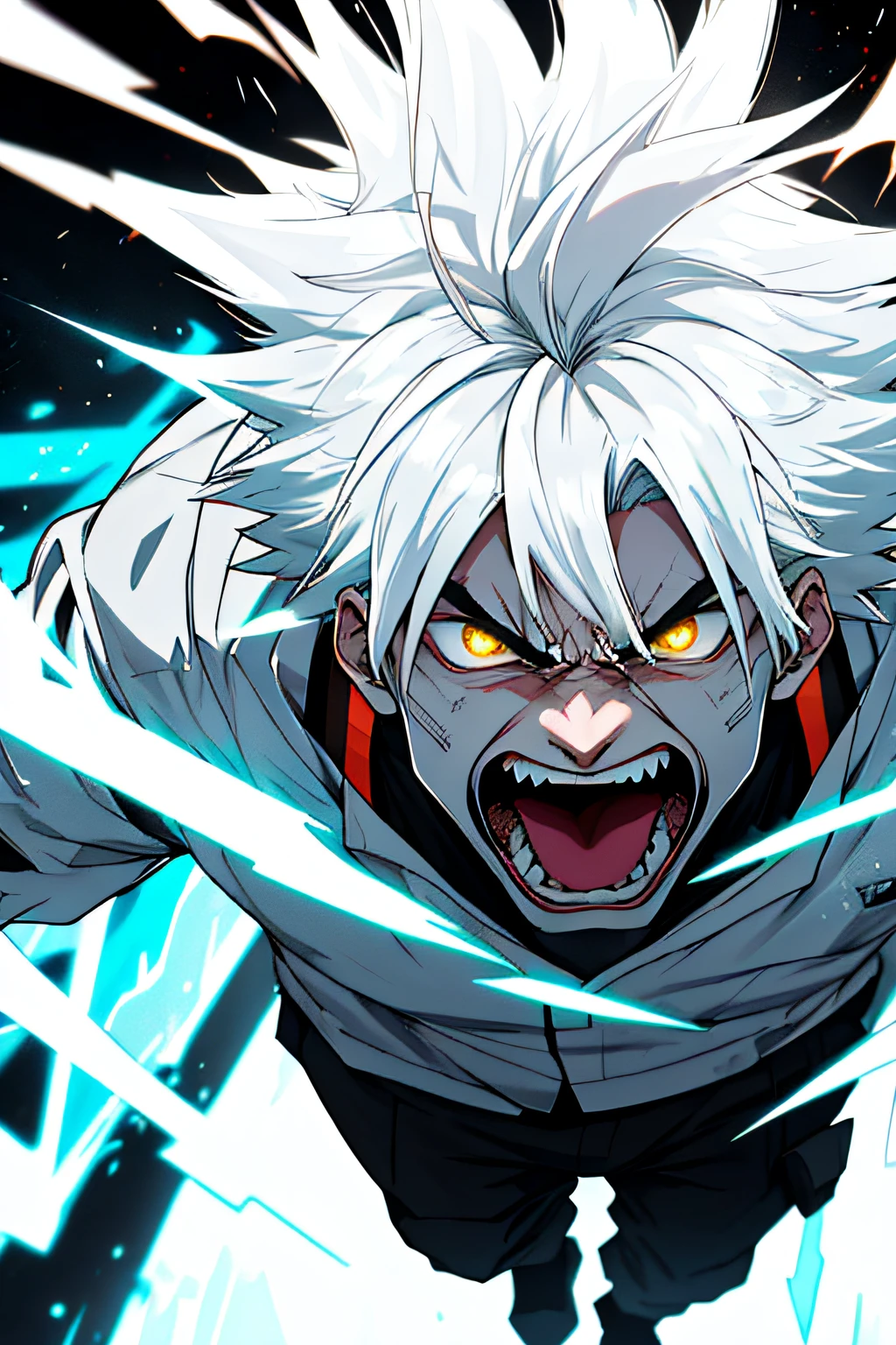 Supersayajin , white futuristic outfit with black abstract print, mouth open screaming, cabelo na cor amarelo degradê, angry and furious radiating energy around him, and destroying everything