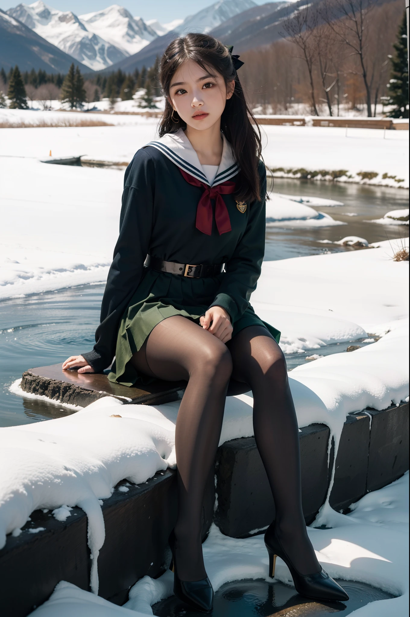 (full body:1.5),(1girl:1.3),(view the viewer:1.4),(anatomy correct:1.3),(Sitting by the creek of a snowy mountain:1.2),(Holding a book in his hand:1.15),(shy:1.15),(A Khaki and green Sailor dress with ribbons:1.2),(Tan Pantyhose:1.3),( Uniform high heels leather shoes with bows for female students:1.1),(Accurate and perfect face:1.3),hyper HD, Ray traching, reflective light, structurally correct, Award-Awarded, high detail, lighten shade contrast, Face lighting ,cinematic lighting, masterpiece, super detailing, high quality, high detail, best quality, 16k,High contrast,