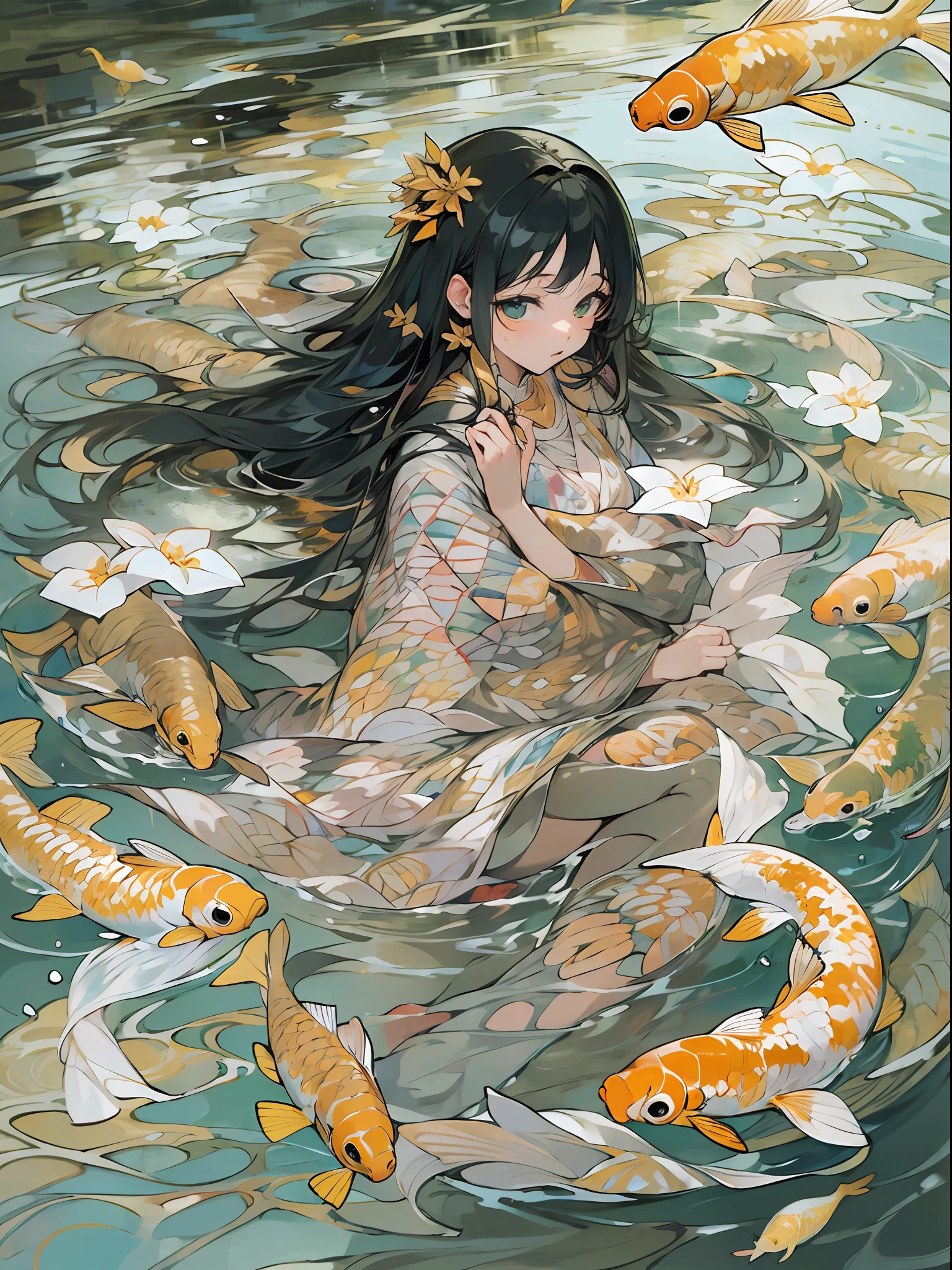 "Beautiful, captivating, long black hair, in crystal clear water, surrounded by koi fish, (masterpiece:1.3), (beautiful:1.2), (vibrant:1.2), (golden ratio:1.4)"