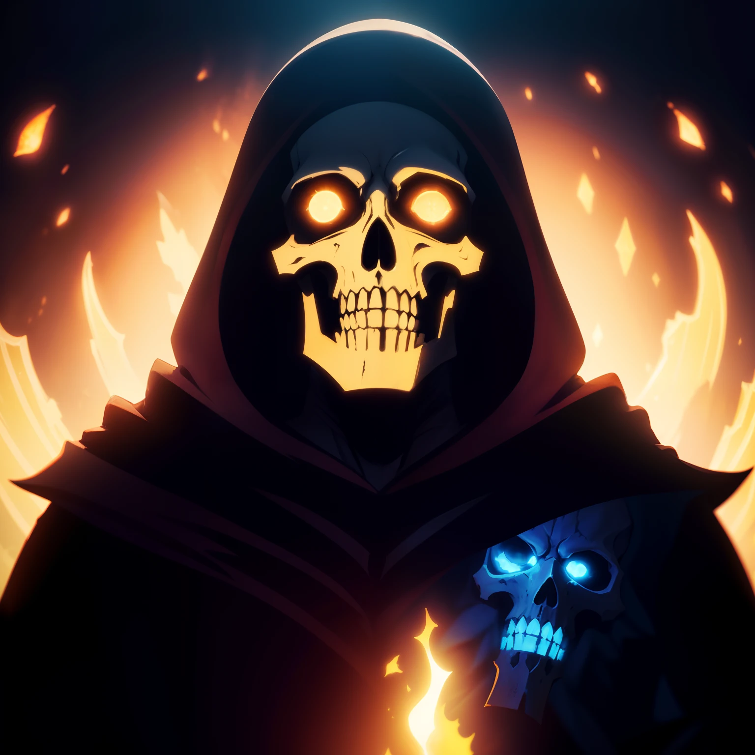 mixed cyanotype artwork, Portrait facing camera, of a Dark soul lich with skull facepaint, Necro, necromancer, undead, amber glowing eyes, dark hooded cloak, fantasy, Back lighting, seperation lighting, cinematic lighting, Rim lighting, Beautifully intricate detail, dark, epic composition, Low-angle, well detailed, cell shading