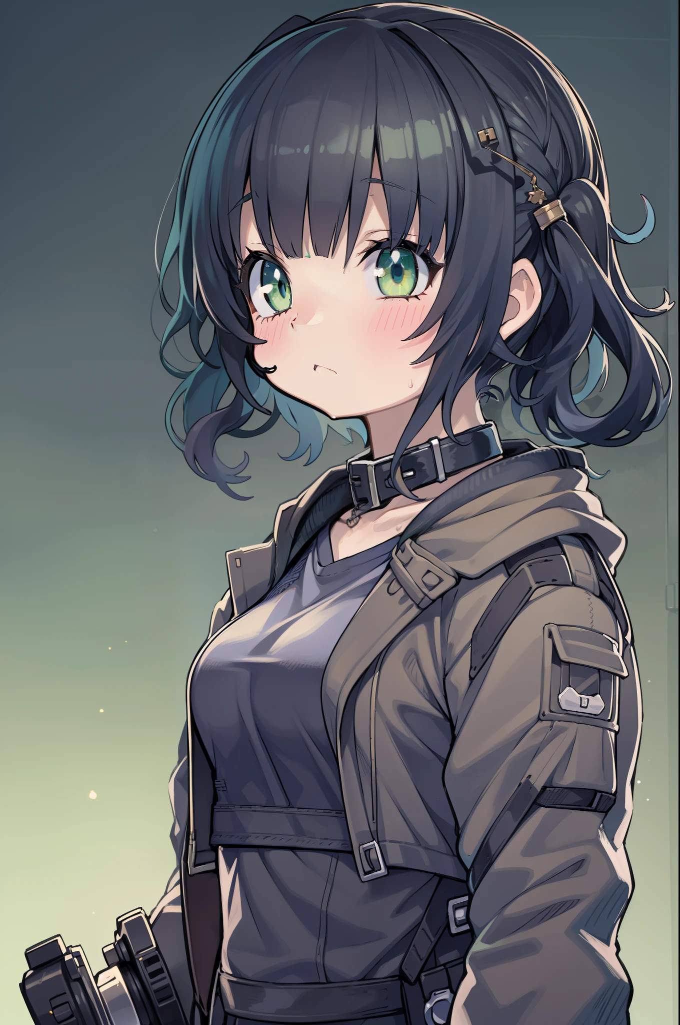 Huge assault rifle、Long sideburns、Anime-style girl with beautiful whole body, Little Girl,clean detailed faces, ciber,analogous colors, Glowing shadows, beautiful gradients, depth of fields, CLEAN IMAGE, High quality,Black Parker Clothing、 high detailing, High Definition, blush, Fit, Heavenly Beauty, Very detailed, Soft lighting, Full body,Green＆Black hair,Green eyes、Overhead view、look down from above、Running、In heavy rain、Wide Shot、Very Wide Shot